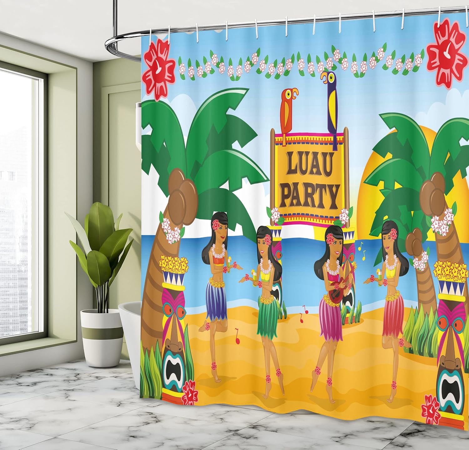 Ambesonne Tiki Bar Shower Curtain, Hawaiian Luau Party in Funny Cartoon Style Dancers on Beach Tradition, Cloth Fabric Bathroom Decor Set with Hooks, 69" W x 75" L, Orange Blue Blue