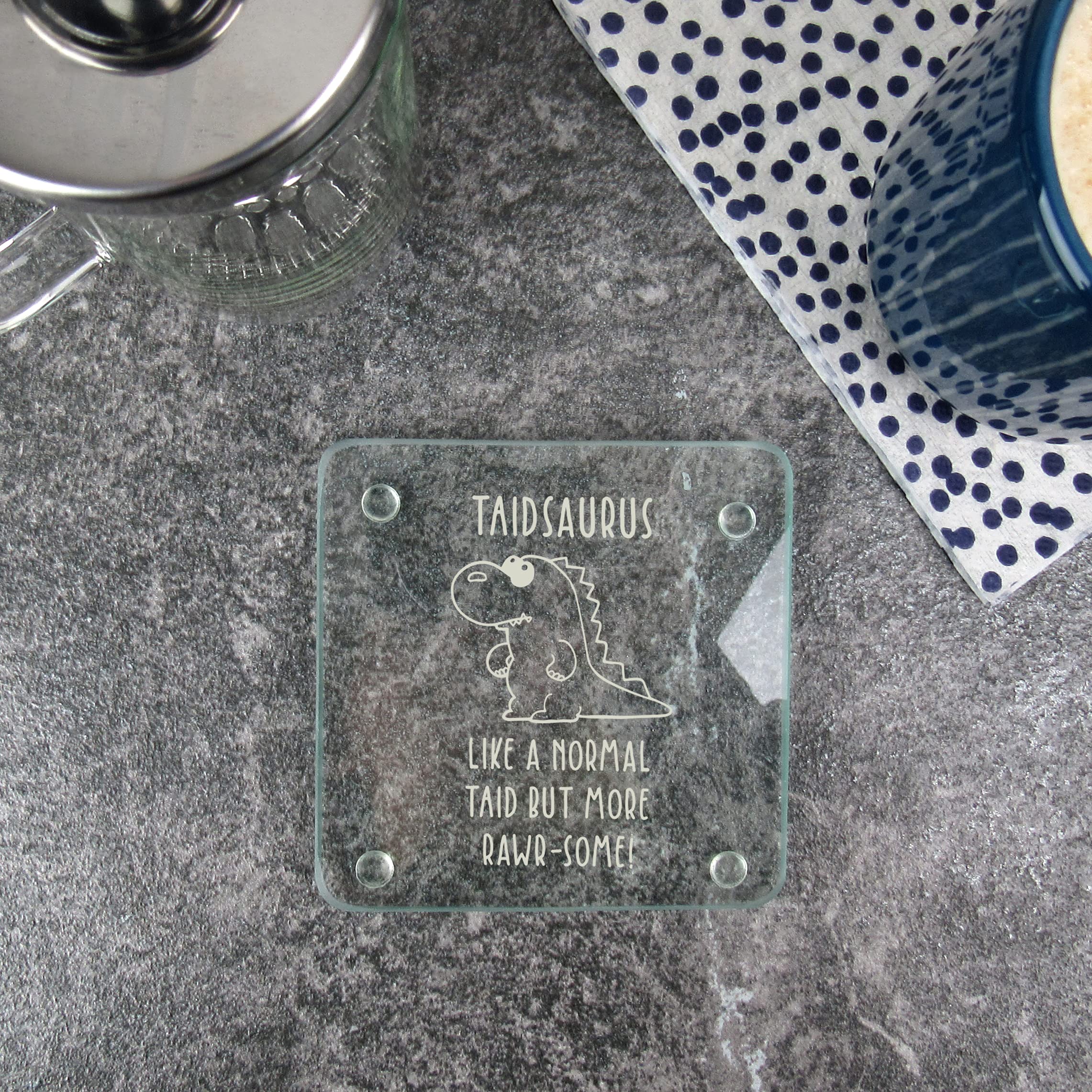 eBuyGB Taidsaurus Square Glass Coaster, Dinosaur Coaster, Taid Birthday Gift, Present for Welsh Grandad, Engraved Drinks Coaster