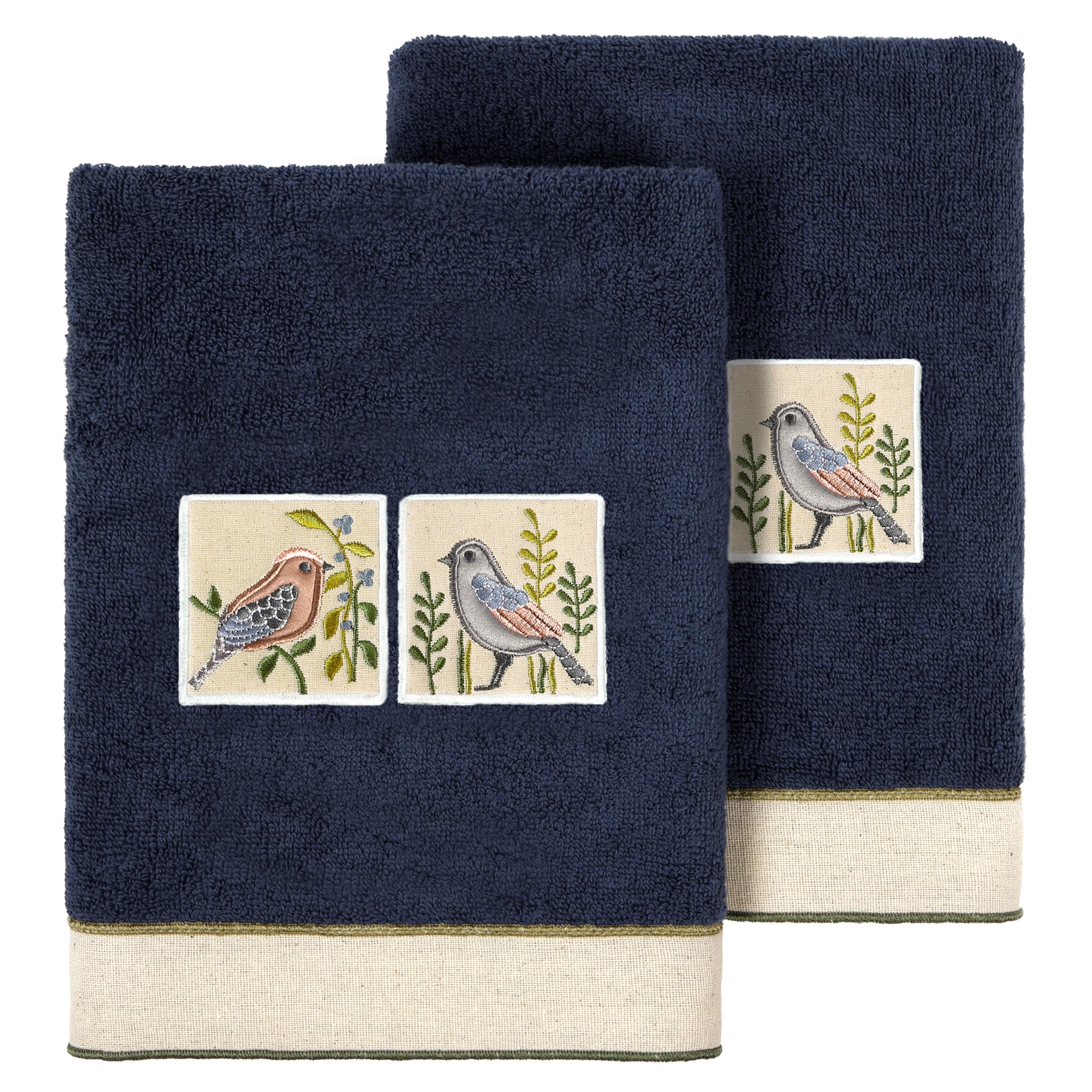 KHALPERA Vibrance 2-Piece Hand Towel Set, Unique Bird Embroidery, Turkish Cotton, Soft & Quick-Dry, 2 Hand Towels, Marine