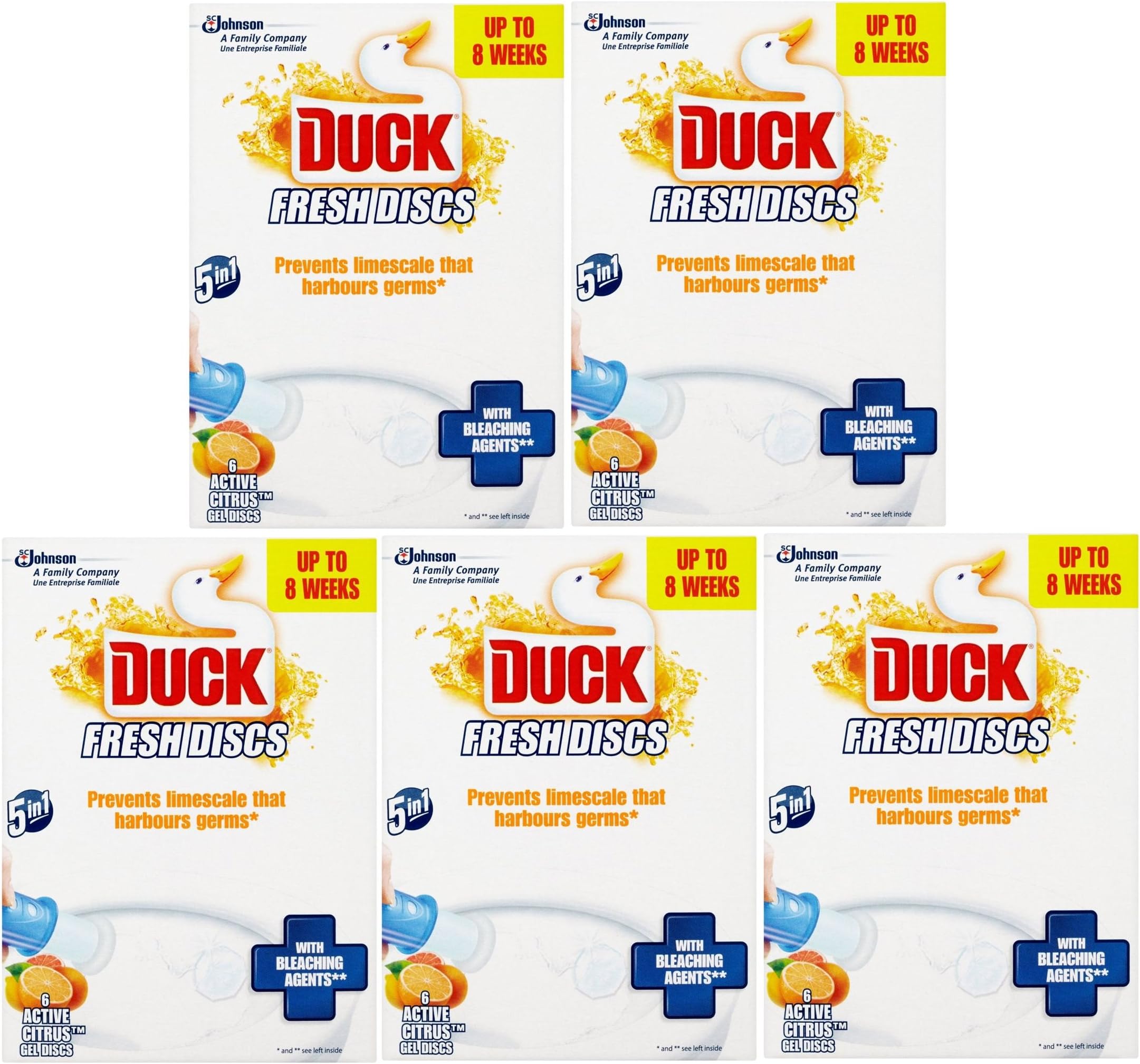 5 x Toilet Duck Fresh Discs Citrus 6 Shot Toilet Gel Cleaner & Applicator