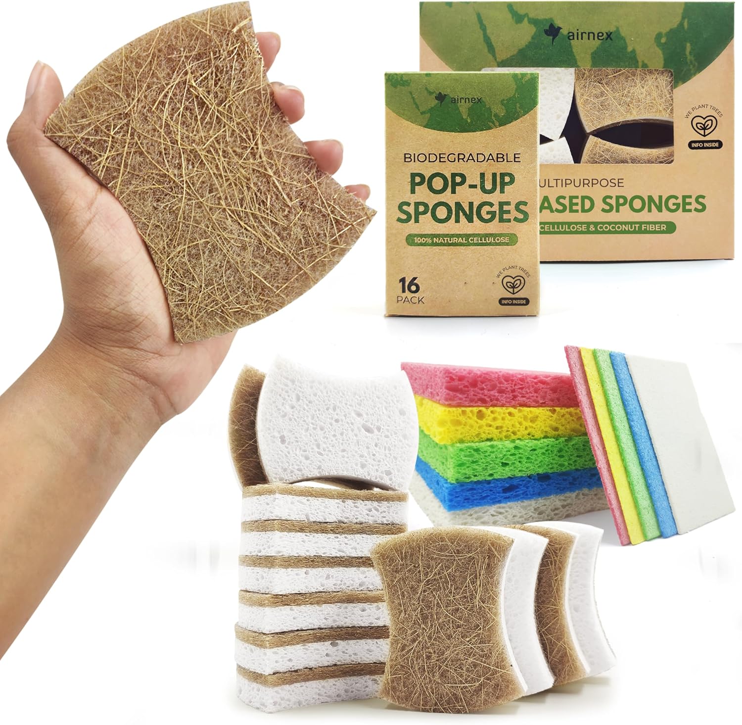 AIRNEX Pack of 12 Handy Shape Non-Scratch Eco Dishwashing Sponge with Pack of 16 Cellulose Compressed Sponges