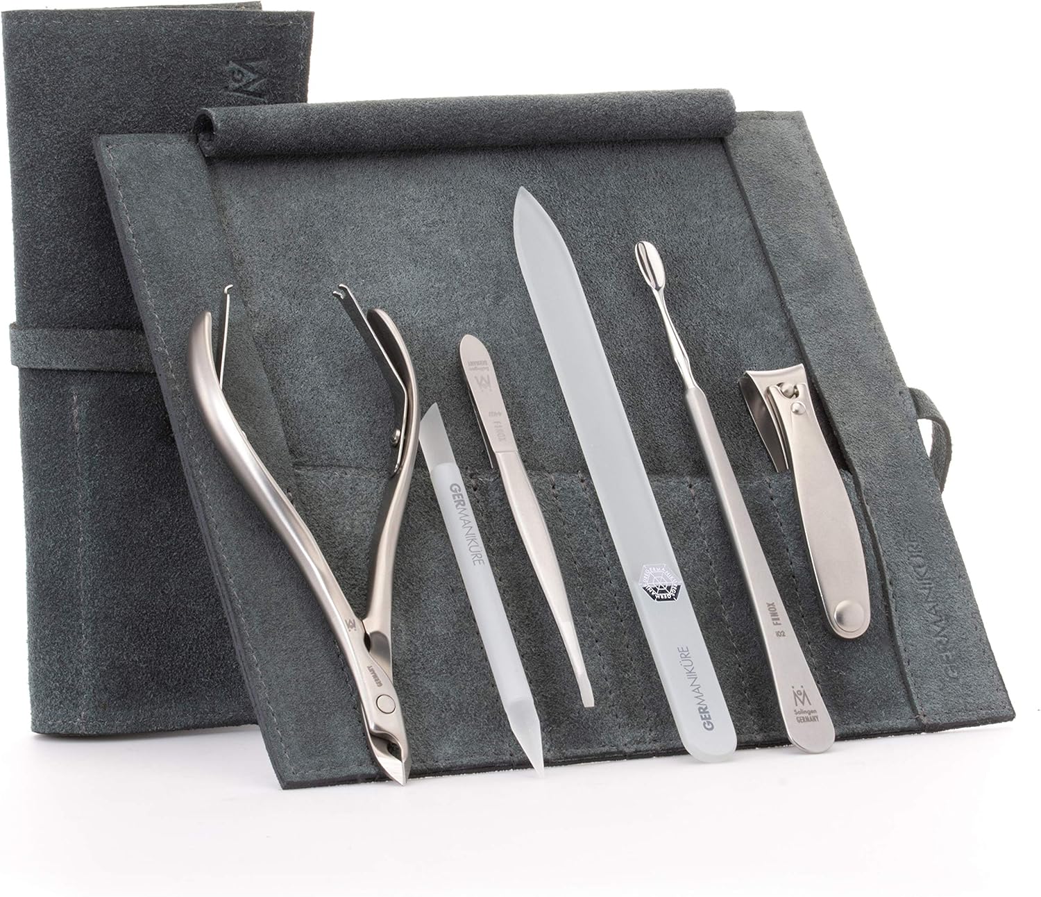 GERMANIKURE 6pc Manicure Set in Gray Suede Case - FINOX Stainless Steel Tools Made in Germany, Glass Nail Care Supplies Made in Czech Republic – Professional Cuticle and Nail Care Kit