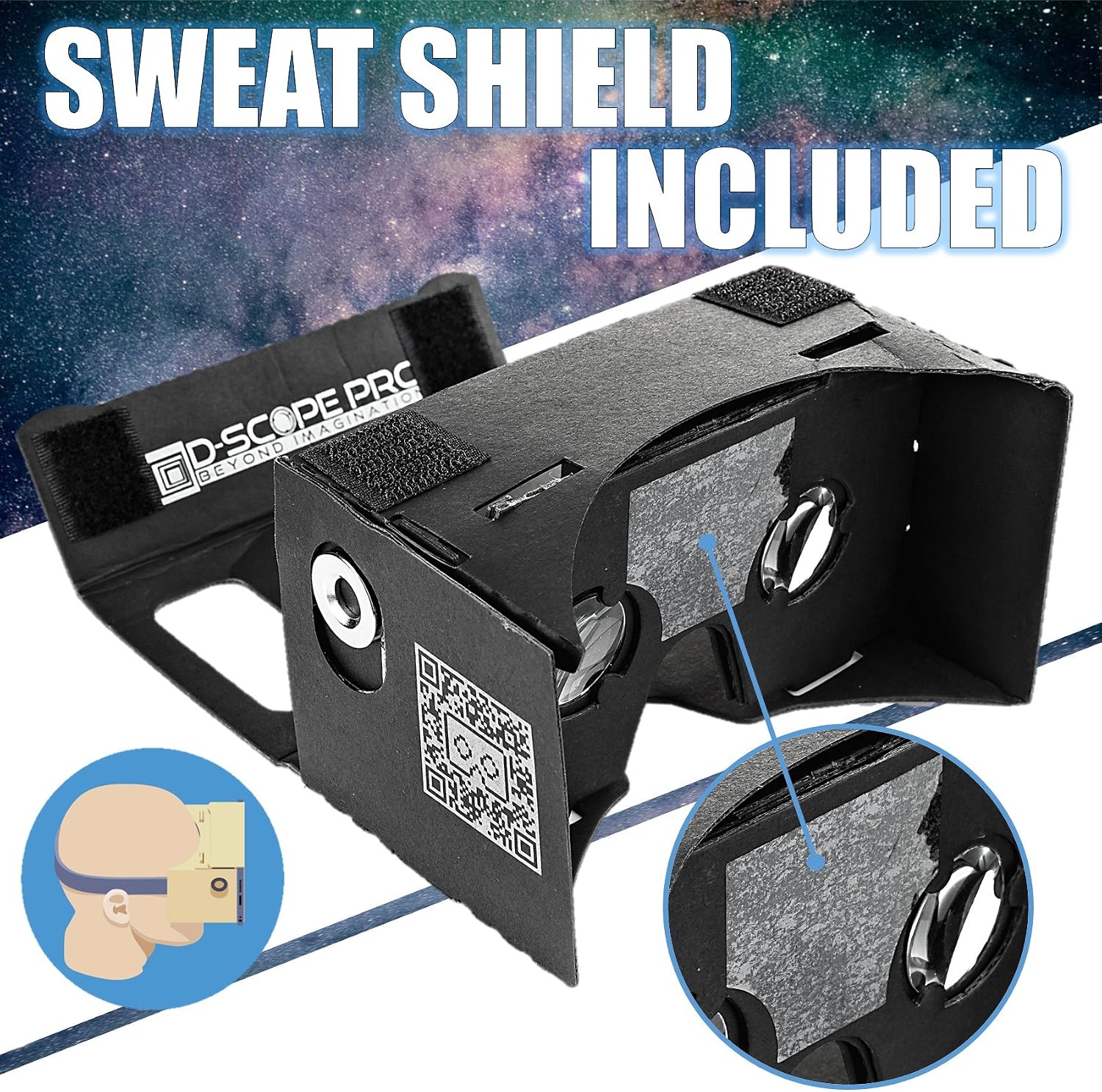 Black Google Cardboard Kit with Straps by D-scope Pro 3D Virtual Reality Compatible with Android & Apple Easy Setup Instructions Machine Cut Quality Construction 45mm Lenses HD Visual Experience