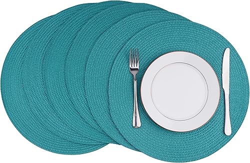 Miniatura 10 de Juego de 4 manteles individuales redondos trenzados, lavables, fáciles de limpiar, para mesas de comedor, tejidos, antideslizantes, resistentes al