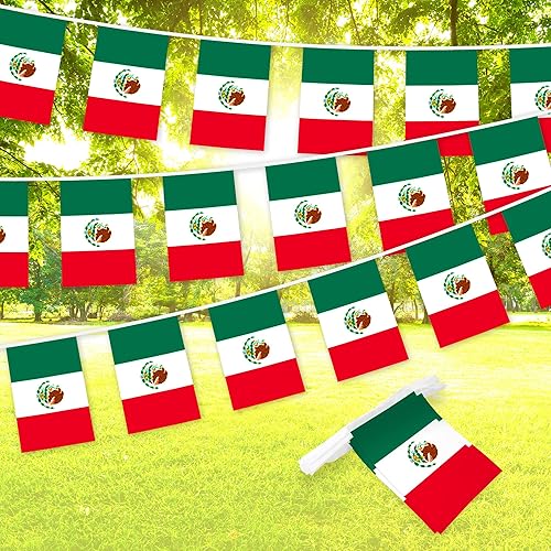 G128 Bandera mexicana de México Bandera de 8.2 x 5.5 pulgadas, cuerda completa de 33 pies Poliéster 150D impreso, decoraciones para bar, escuela,