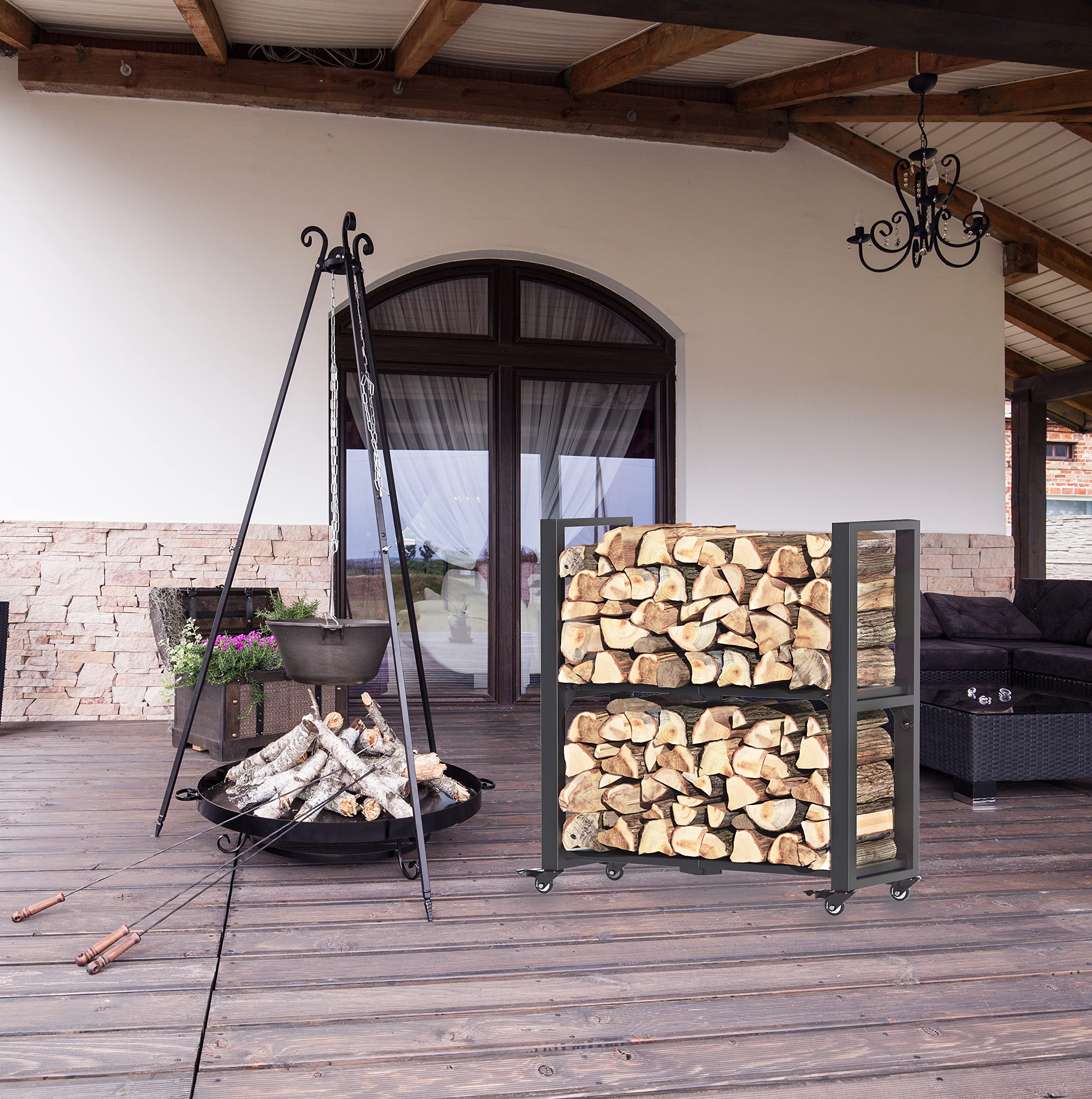 Rolling Log Rack Luffioner 2 Tiers Rolling Firewood Rack,Foldable Firewood Log Storage ...