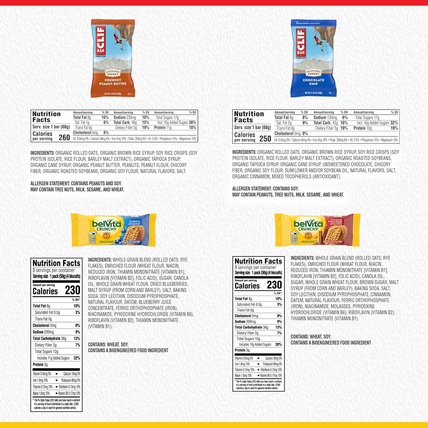 CLIF BAR Energy Bars and belVita Breakfast Biscuits Variety Pack, 4 Flavors, 30 Count