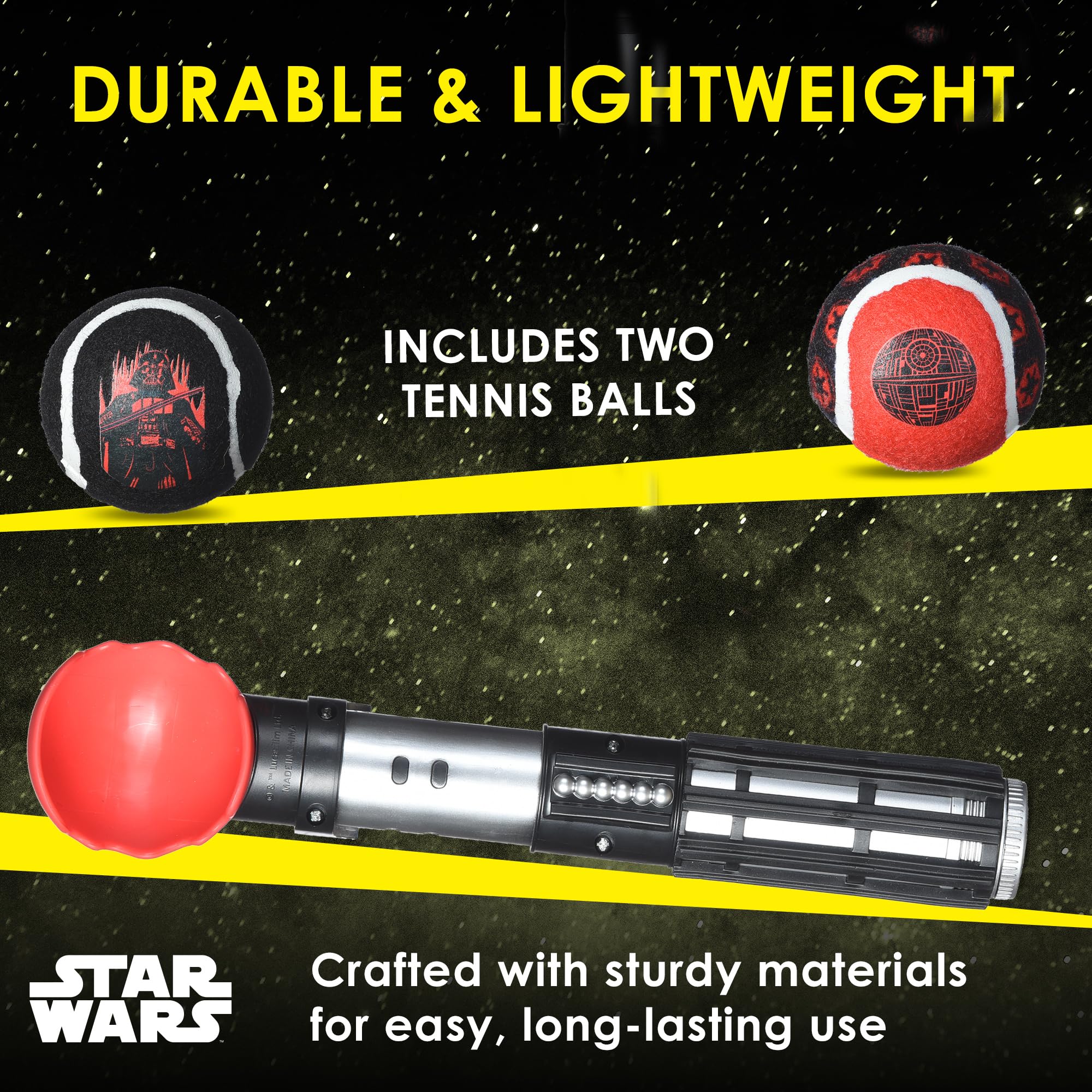 Star Wars for Pets Lichtschwert Ballwerfer für Hunde - Darth Vader Themed einziehbarer Hundeballwerfer mit Tennisbällen, startet bis zu 45 m