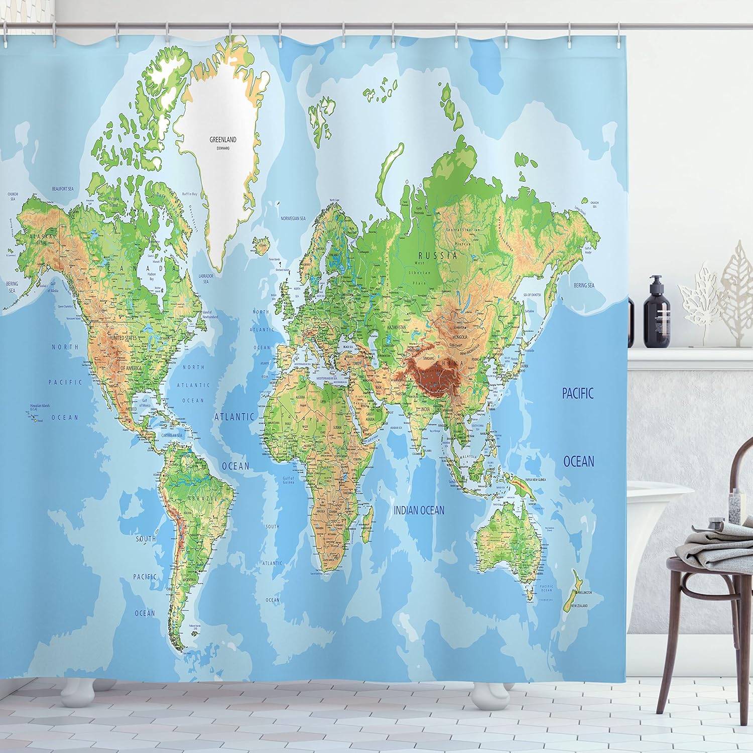 Ambesonne World Map Shower Curtain, Classic Map of The Earth Continents Countries Oceans Mountains Vacation Themed, Cloth Fabric Bathroom Decor Set with Hooks, 69" W x 70" L, Multicolor