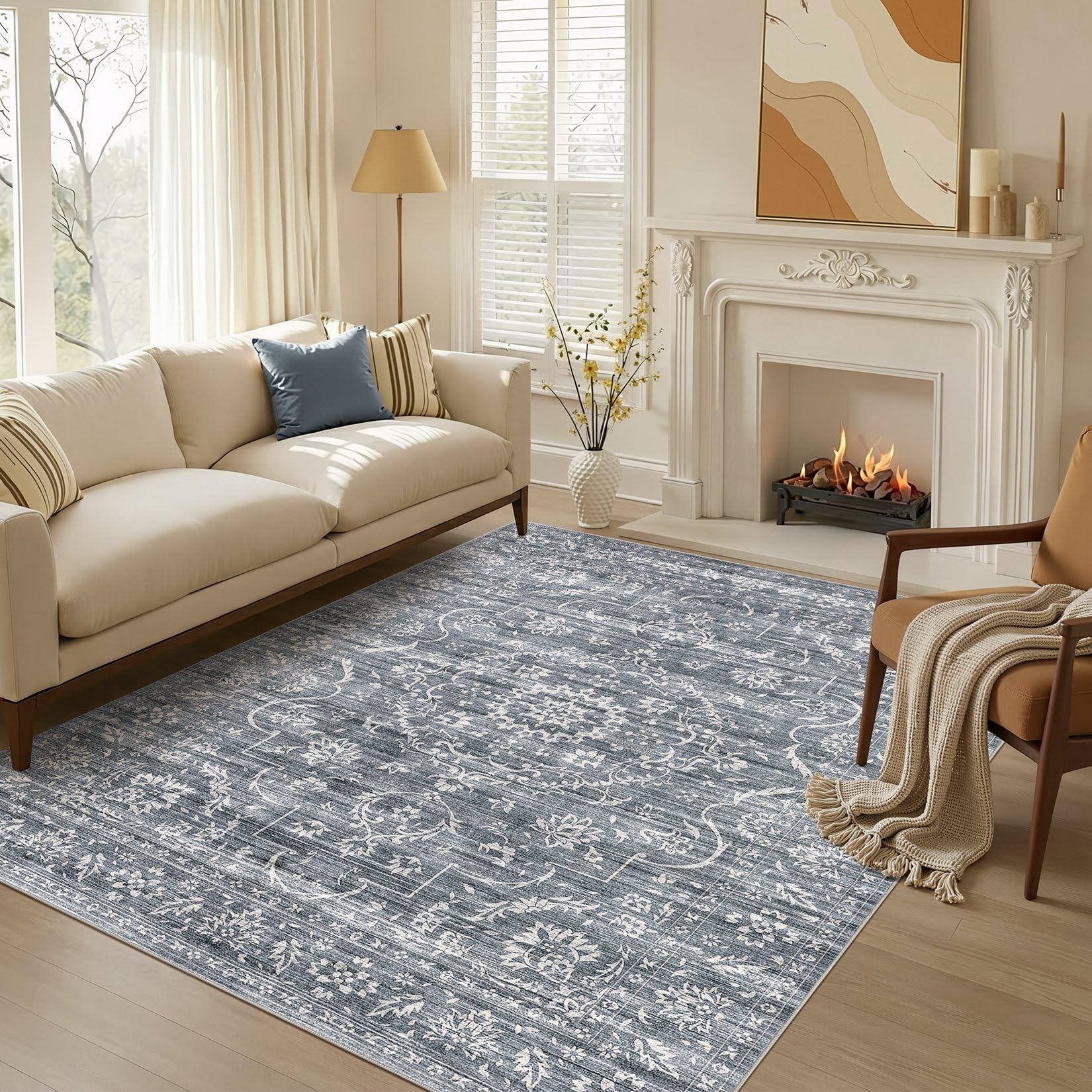 5x7 Area Rugs Living Room: Washable Large Vintage Beige Rug Neutral Non-Slip Soft Stain Resistant Indoor Carpet for Bedroom Nursery Dining Room Under Table Bed Home House Office Playroom — view 26