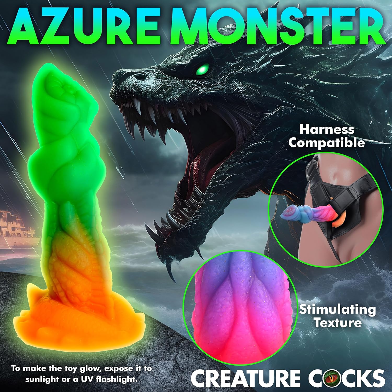 CREATURE COCKS Aqua-Cock Glow-in-the-Dark Silicone Dildo for Men, Women, & Couples. Fantasy Dildo with Strong Suction Cup Base, Harness Compatible. 1 Piece, Pink, Purple, Orange, Blue.