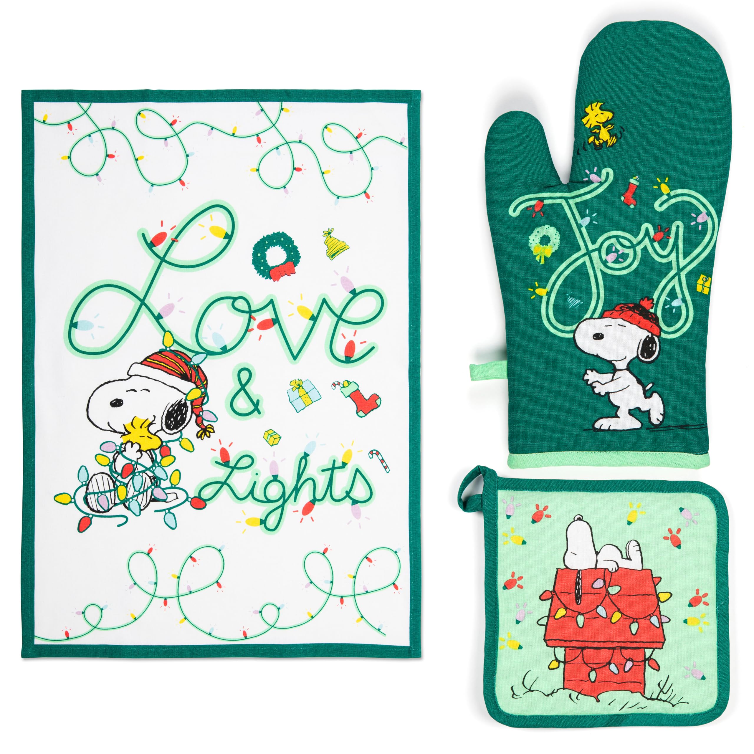 Excelsa Peanuts Shiny and Bright Christmas Kitchen Set, Tea Towel 50 x 70 cm with Oven Glove and Pot Holder, Green, 100% Cotton