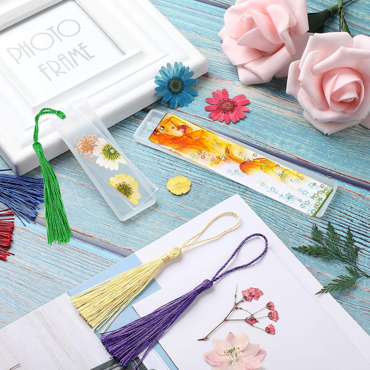 20PCS Bookmark Resin Mold Set, 10PCS Bookmark Epoxy Casting Molds, 10PCS Tassels and 1 Pack of Dried Flowers for DIY Bookmark Making