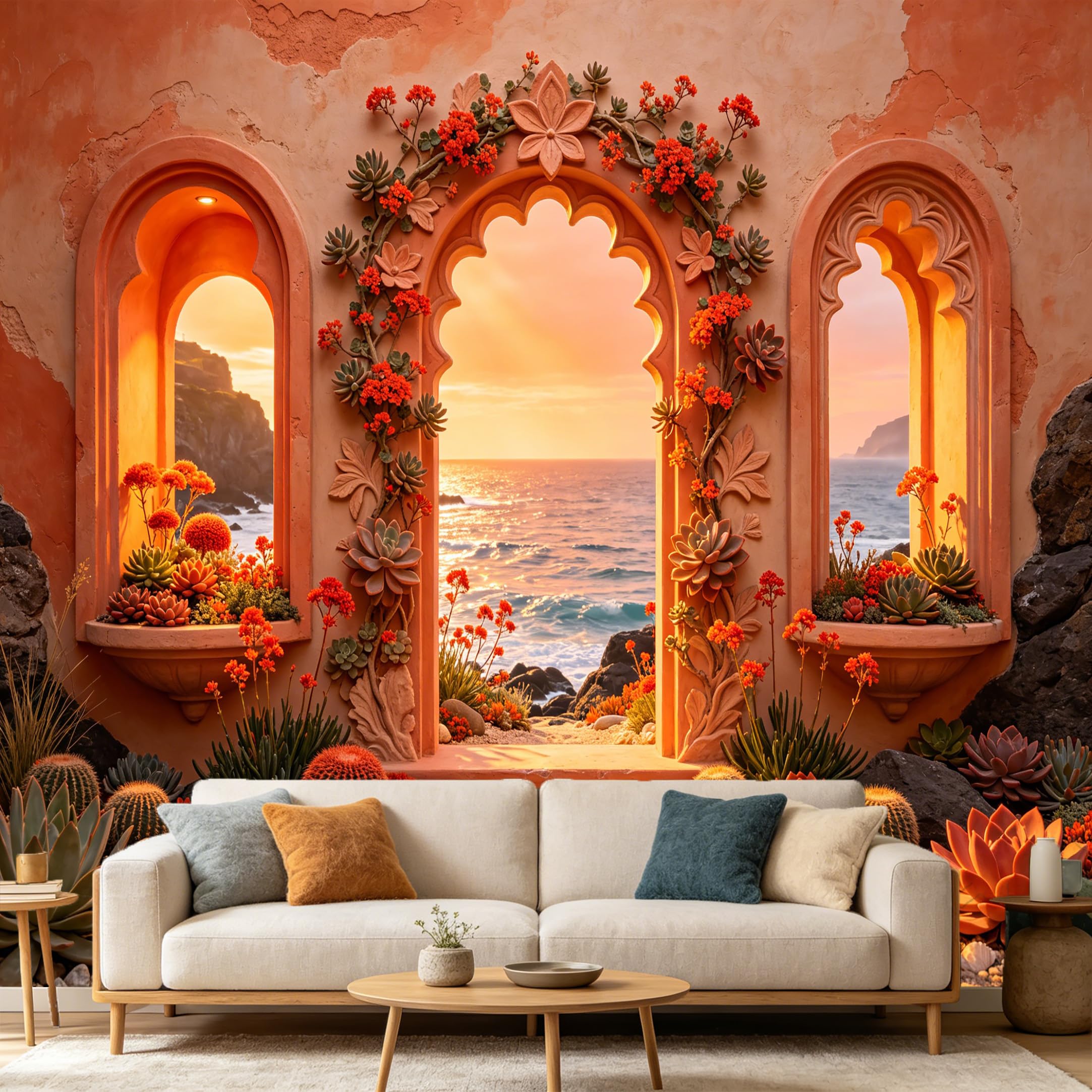 Custom Size Wall Mural Mediterranean Arch Sunset Ocean View Botanical Succulent Garden 3D Trompe L'Oeil SelfAdhesive Art Prints wall Fabric Removable Large Wallpaper Home Living Room Decor