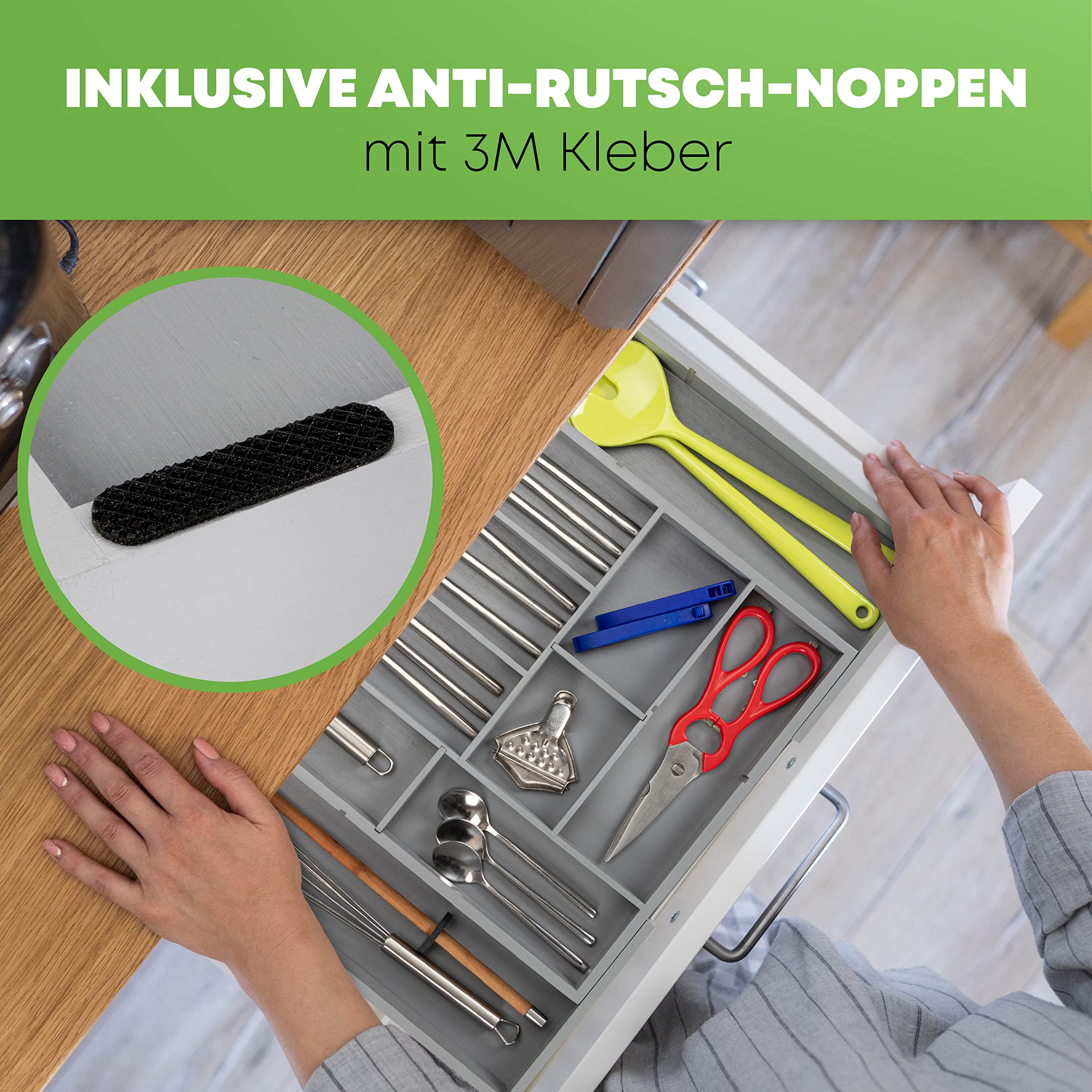 Besteckkasten für Schubladen aus hochwertigem Bambus - Besteckeinsatz mit 5 herausnehmbaren Teilern [6 bis 13 Fächer] - Schubladeneinsatz mit Anti-Rutsch Noppen und Länge von 34 bis 50 cm (Grau)