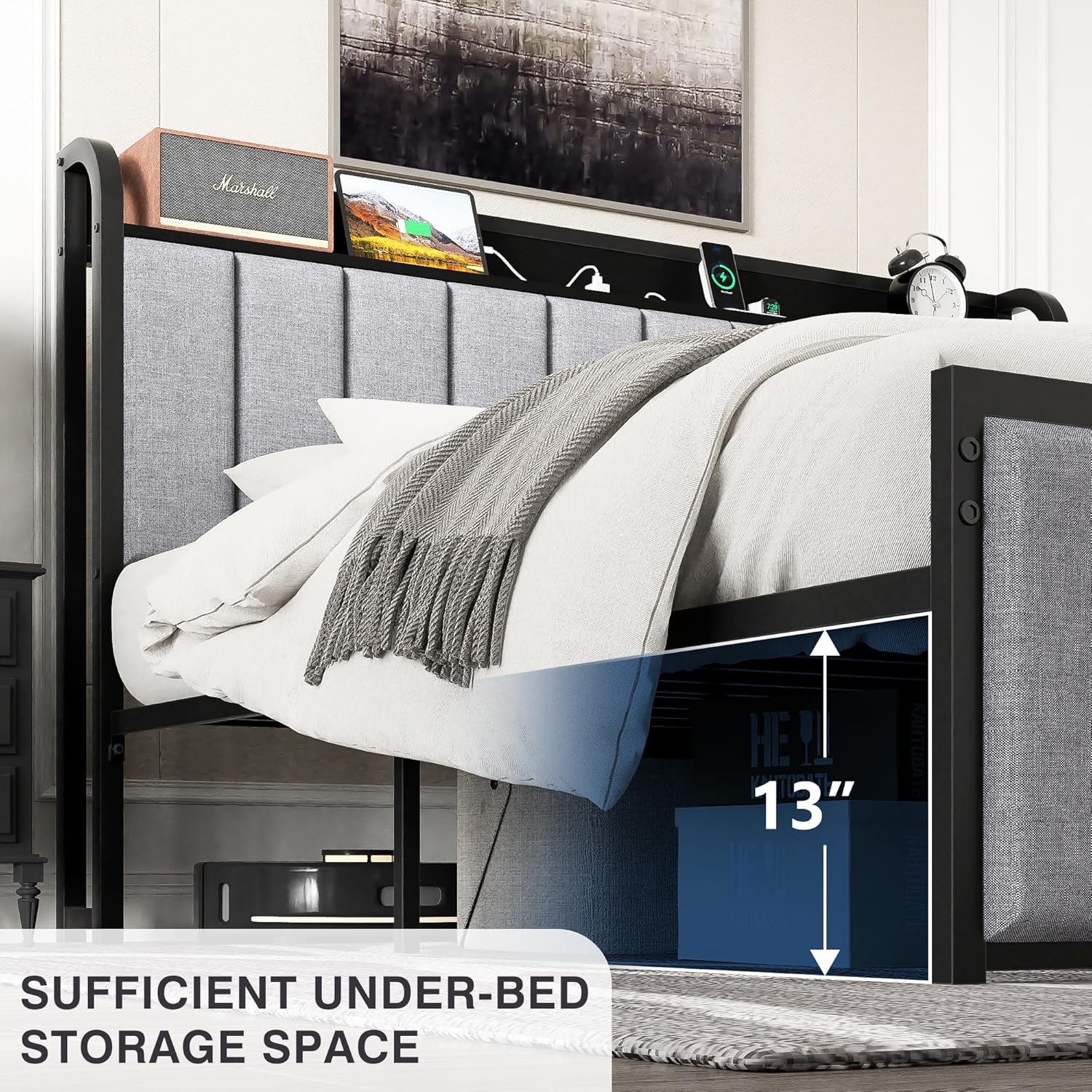 VECELO Queen Bed Frame, Storage Upholstered Headboard with Charging Station, Platform Bedframe, Heavy Duty Metal Slats, No Box Spring Needed, Noise-Free, Easy Assembly, Dark Grey