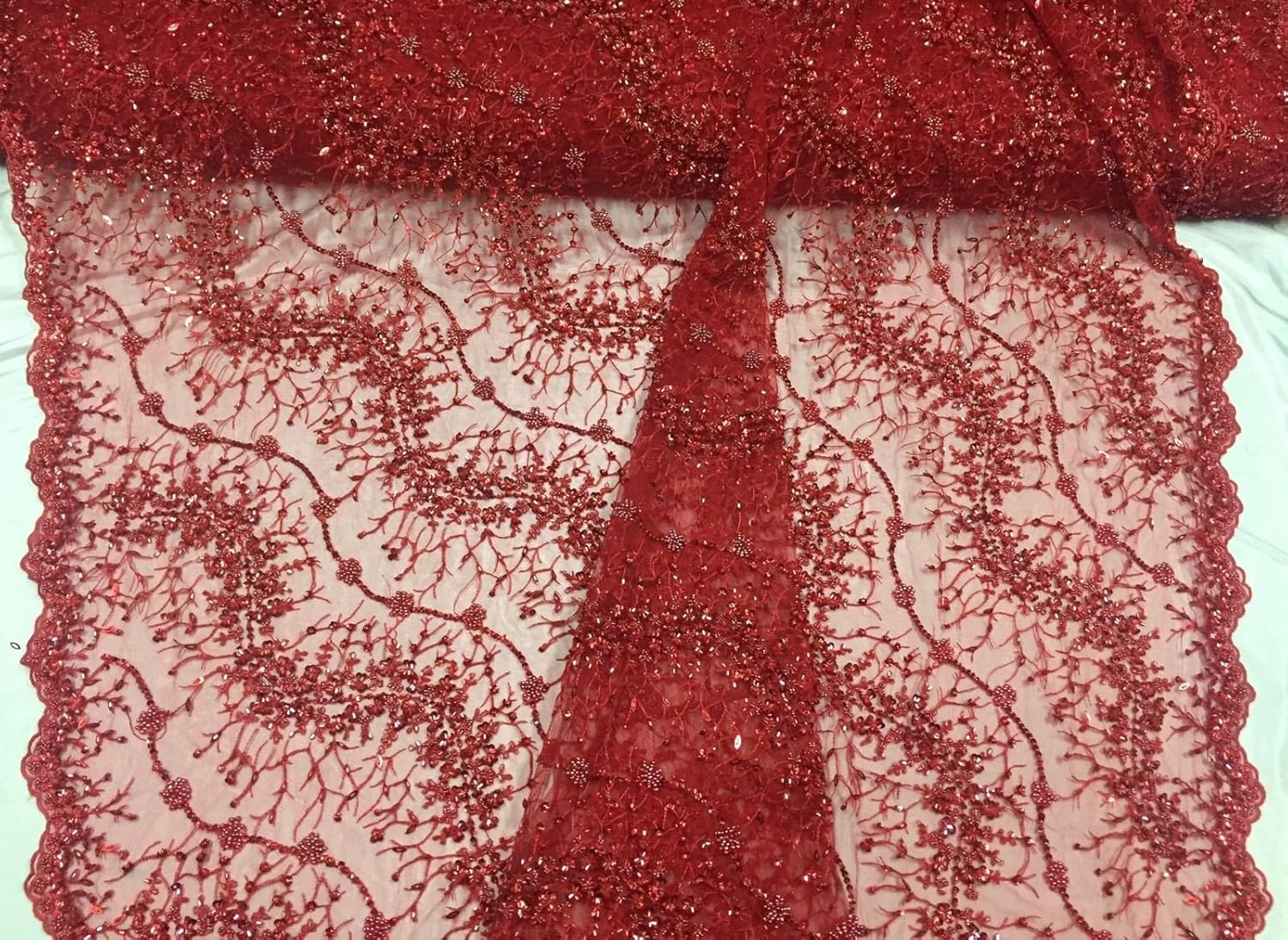 Royalty Fabrics Feathers hand beaded design embroider on a mesh lace-prom-sold by the yard. Red main image 0
