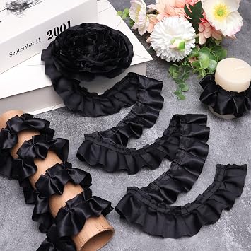 Black Ruffle Pleated Lace Trim Satin Ribbon Gather Ruffle Edge for Applique Sewing Crafts, Home Decoration