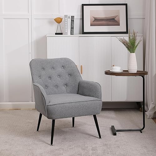 Goujxcy Silla moderna de mediados de siglo para sala de estar, silla de barril tapizada con botones de lino con patas de metal negro para sala de