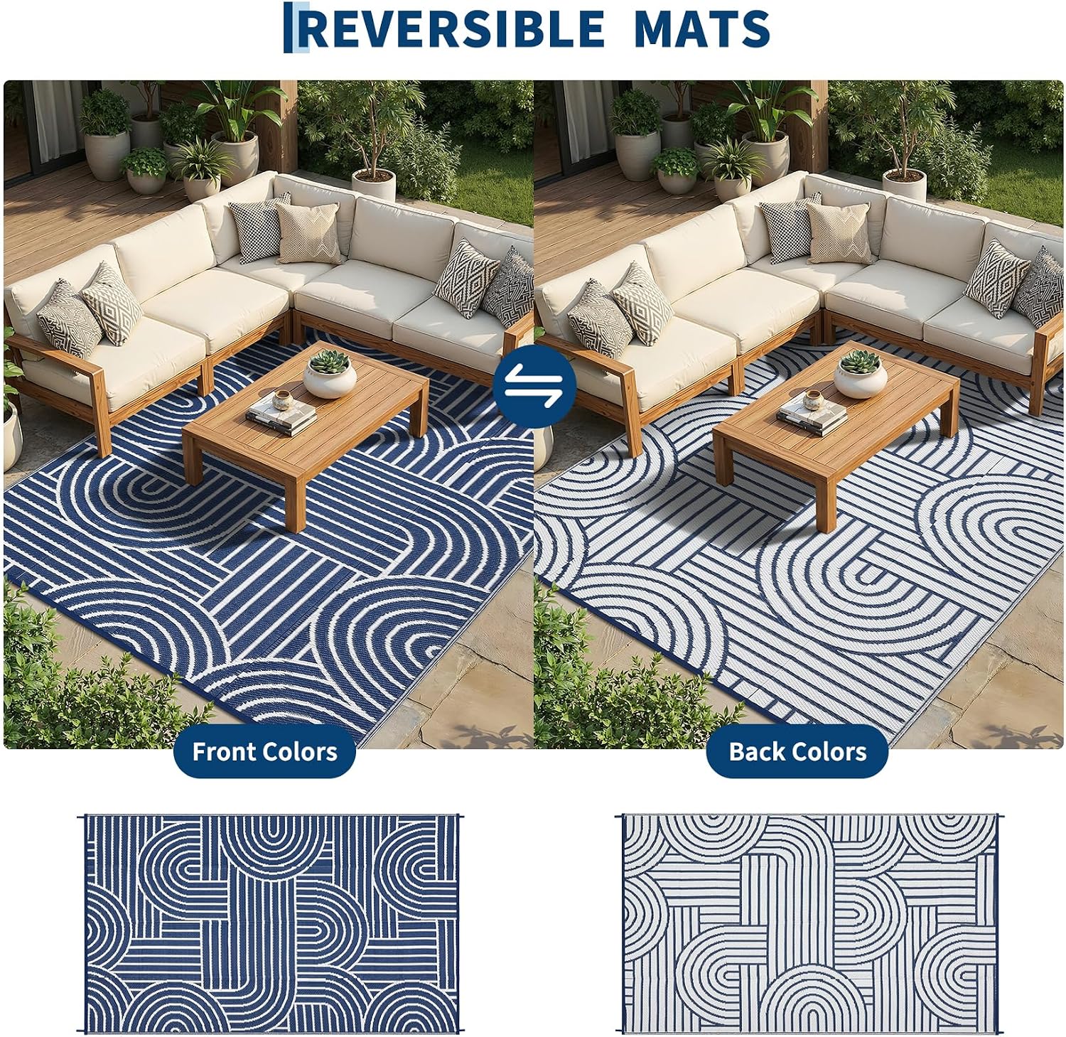 Garvee Reversible Rainbow Outdoor Rug 10x14, Waterproof Outdoor Plastic Straw Rug, RV Mat for Picnics, Patio, Camping, Balcony, Deck, Backyard, Porch, Blue