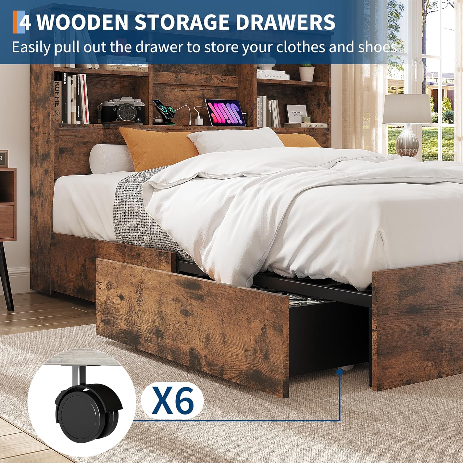 GarveeHome Full Size Bed Frame with High Storage Bookcase Headboard, Wood Bed Frame with 4 Storage Drawers, Built in Charging Station, No Box Spring Needed, Metal Frame, Noise-Free, Vintage Brown