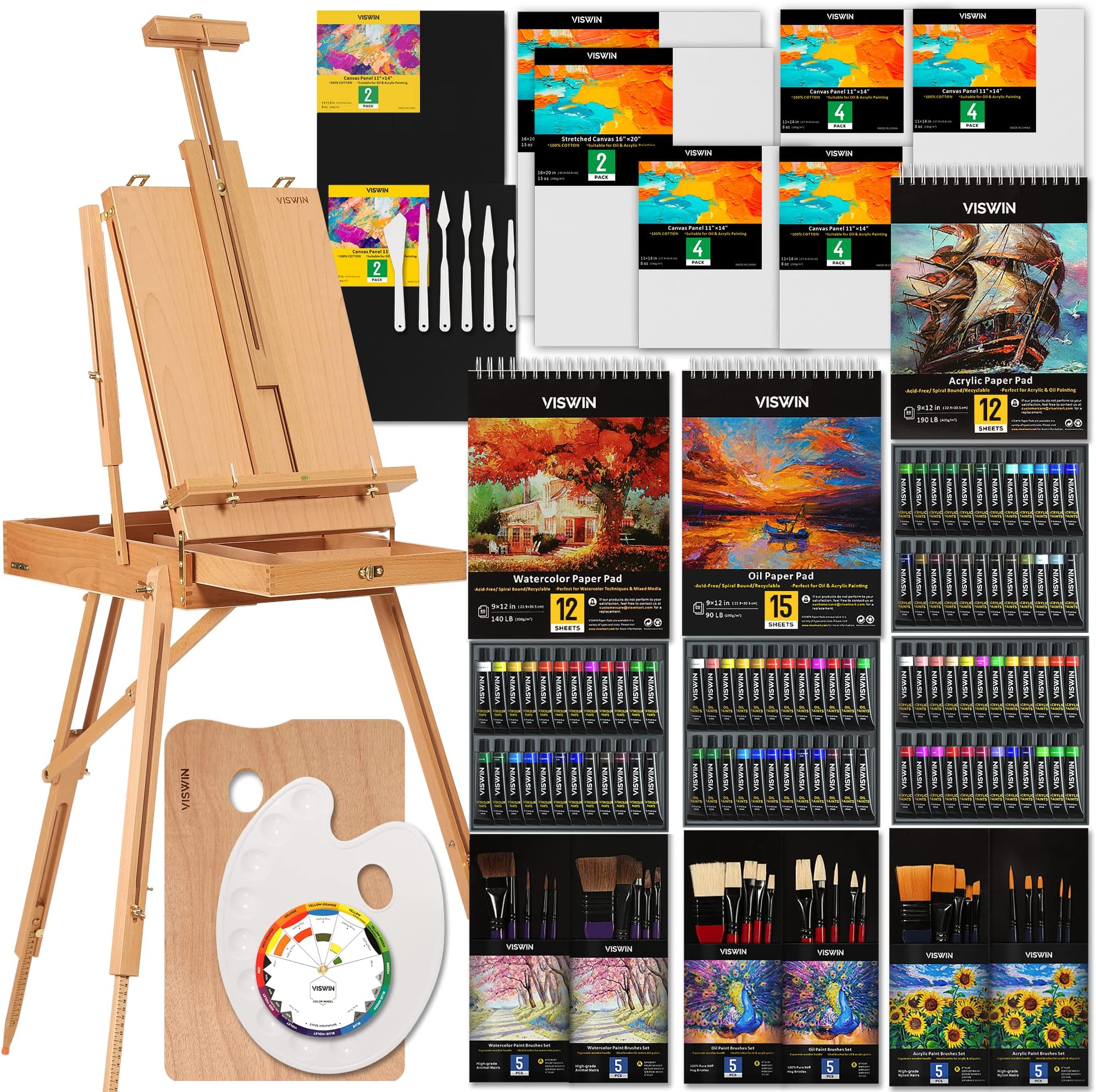 Professional All-in-One Art Painting Kit with Aluminum & Beech Wood French Easel, 96 Acrylic, Watercolor & Oil Paint Set, Canvases, Painting Set with Supplies for Adults, Artists, Beginners