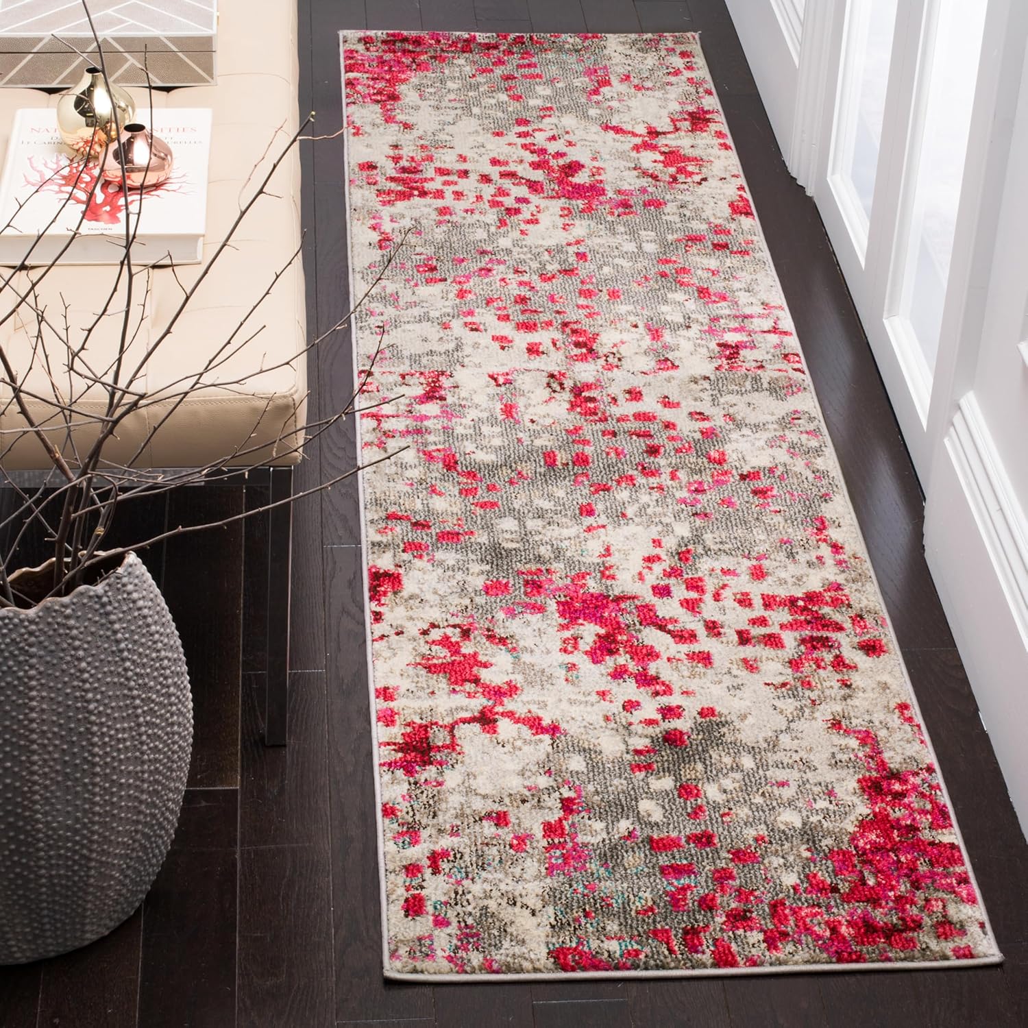 SAFAVIEH Monaco Collection Runner Rug - 2'2" x 6', Grey & Fuchsia, Boho Chic Abstract Watercolor Design, Non-Shedding & Easy Care, Ideal for High Traffic Areas in Living Room, Bedroom (MNC225R)