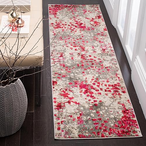 SAFAVIEH Monaco Collection Runner Rug - 2'2" x 12', Grey & Fuchsia, Boho Chic Abstract Watercolor Design, Non-Shedding & Easy Care, Ideal for High Traffic Areas in Living Room, Bedroom (MNC225R)