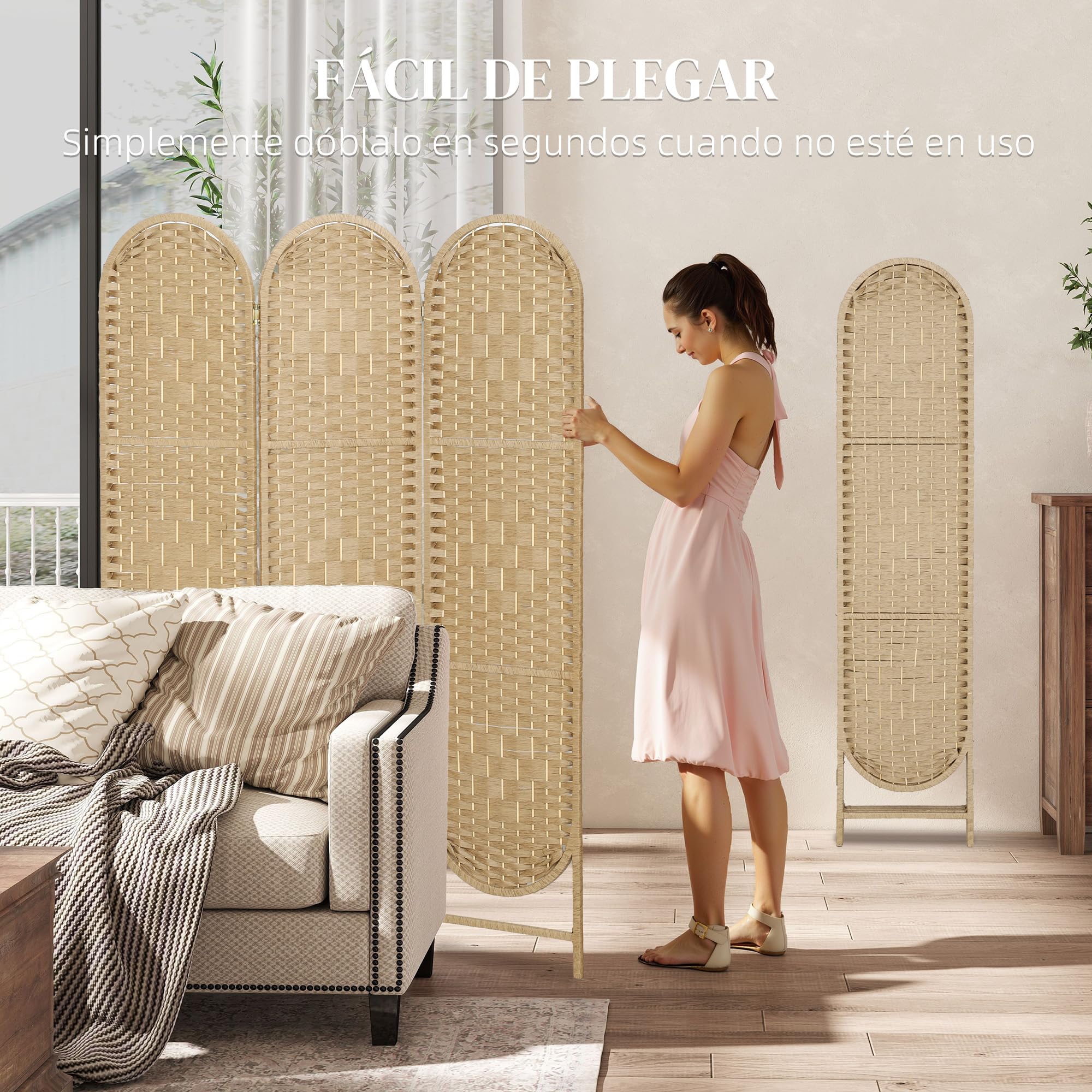 HOMCOM Biombo Separador de Ambientes de 3 Paneles, 120x170 cm, Pantalla de Privacidad Plegable Bohemio, con Parte Superior Arqueada, Tejido a Mano, Divisor Ligero para Oficina, Dormitorio, Natural