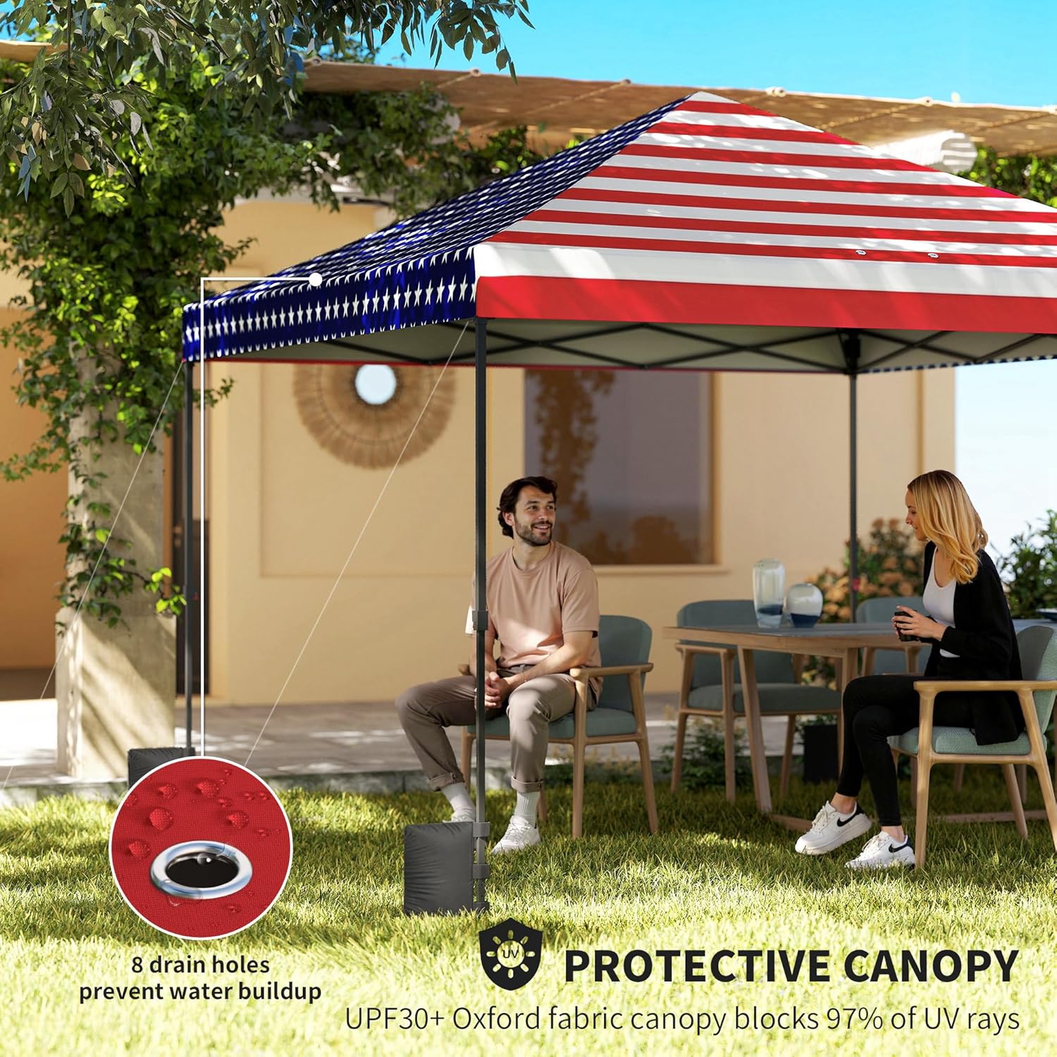 Outsunny 10 x 10 ft Pop Up Canopy Tent with One Push Setup, Easy Setup Outdoor Portable Instant Canopy Shelter with Wheeled Carry Bag, Sandbags, Adjustable Height for Parties, Events, American Flag
