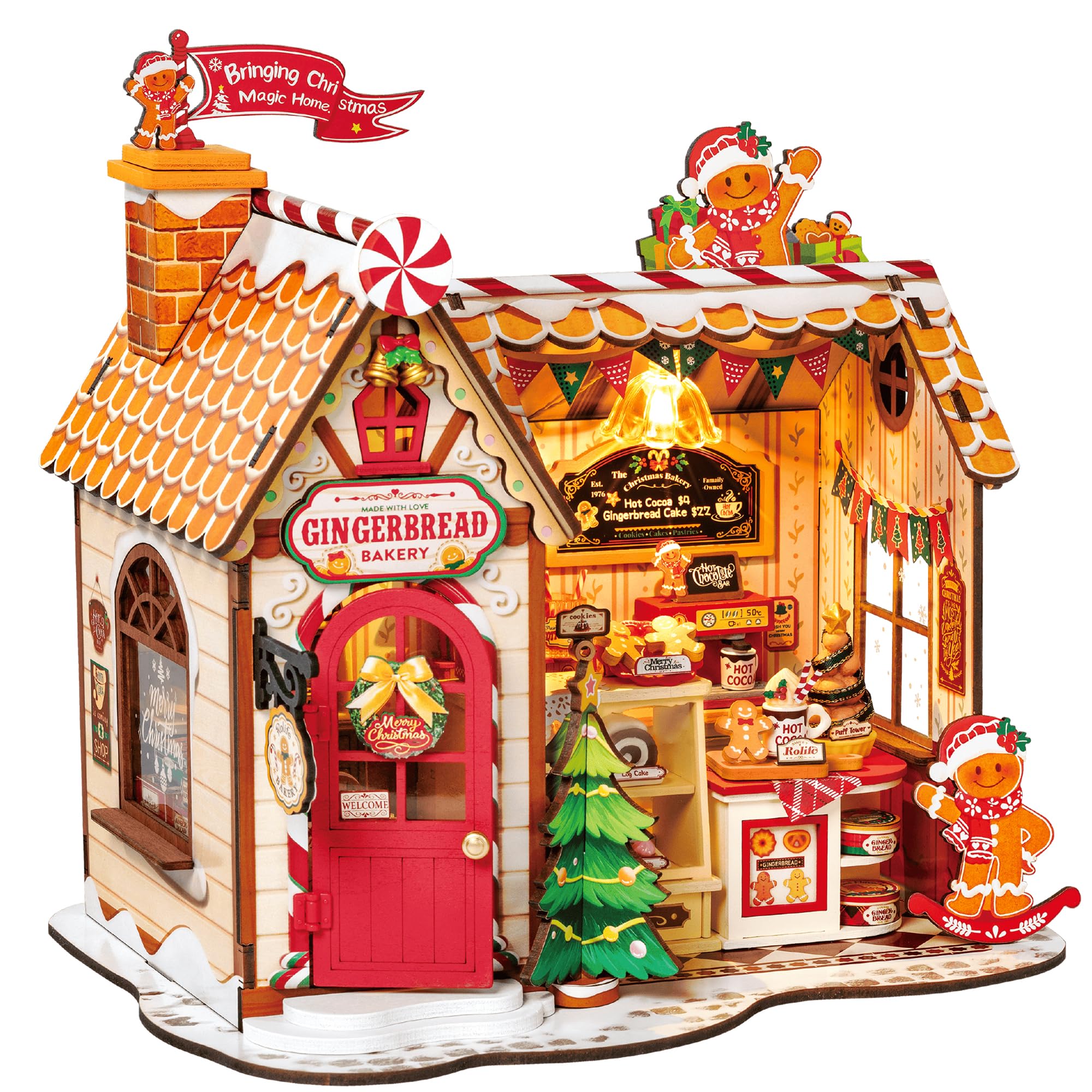 Rolife Casa delle Bambole di Natale Casetta Pan di Zenzero Kit Miniatura Fai-da-te Modello in Legno Decorazione Natalizia Regalo Creativo per Adulti e Ragazzi