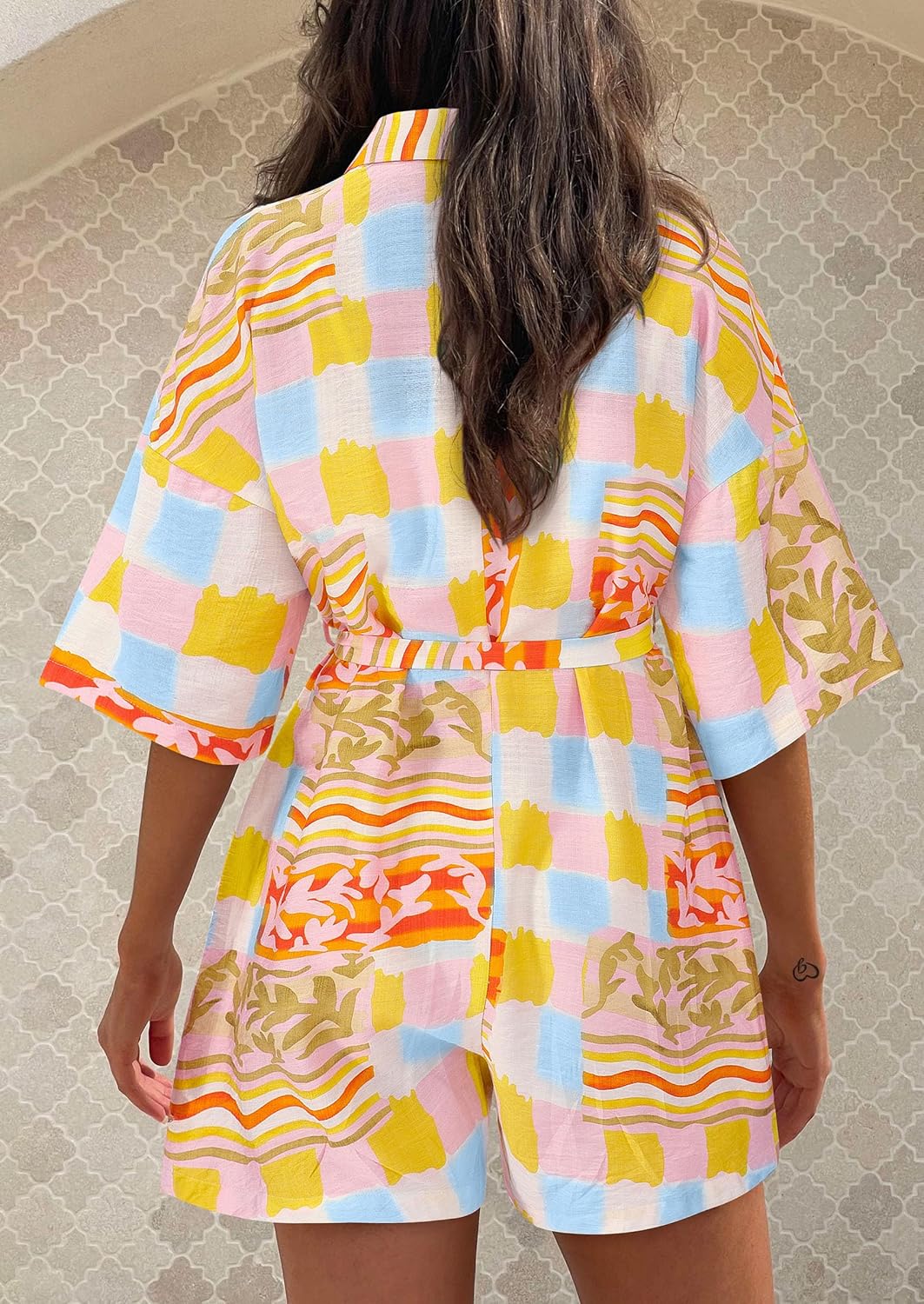 PRETTYGARDEN Womens Rompers for Summer 2025 Beach Vacation Clothes Short Sleeves Floral Jumpsuits Beach Cover Up - Image 2