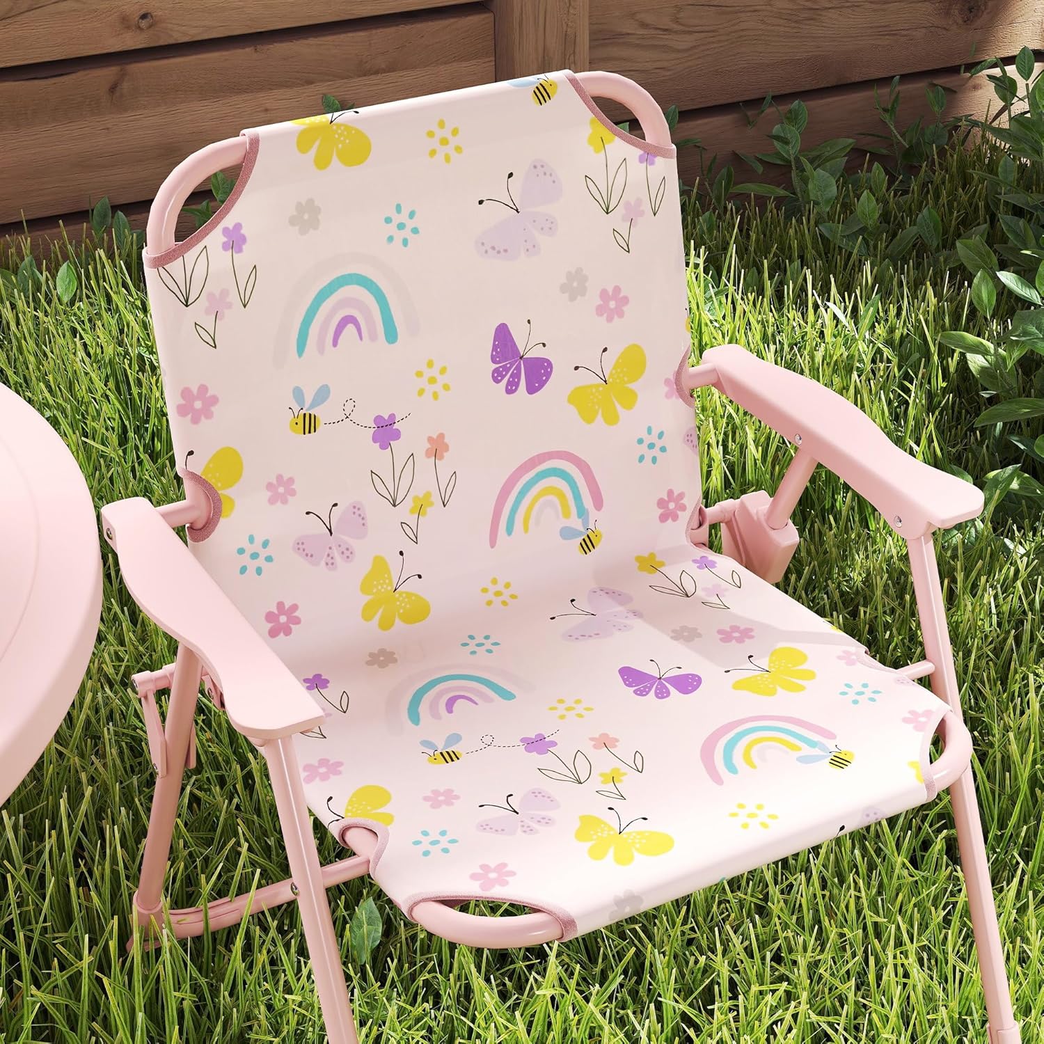 Qaba Kids Picnic Table and Chair Set, Outdoor Activity Table with Foldable Chairs, Removable Umbrella, Rainbow Pattern Toddler Patio Furniture for Backyard, Garden, Pink