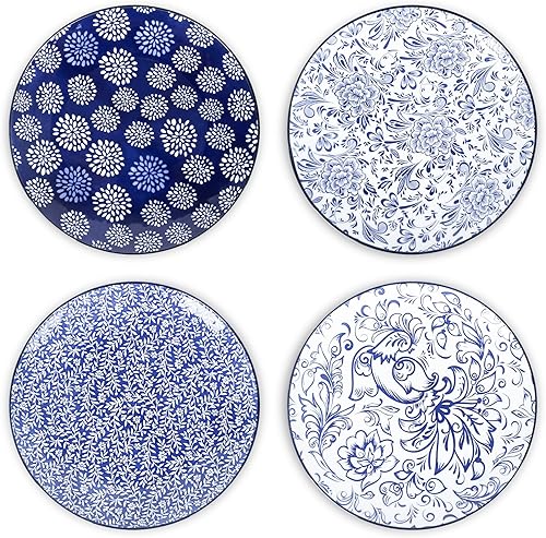 Selamica Juego de 4 platos de ensalada, platos de postre en relieve, 8.5 platos de cerámica para aperitivos, platos llanos pequeños para aperitivos