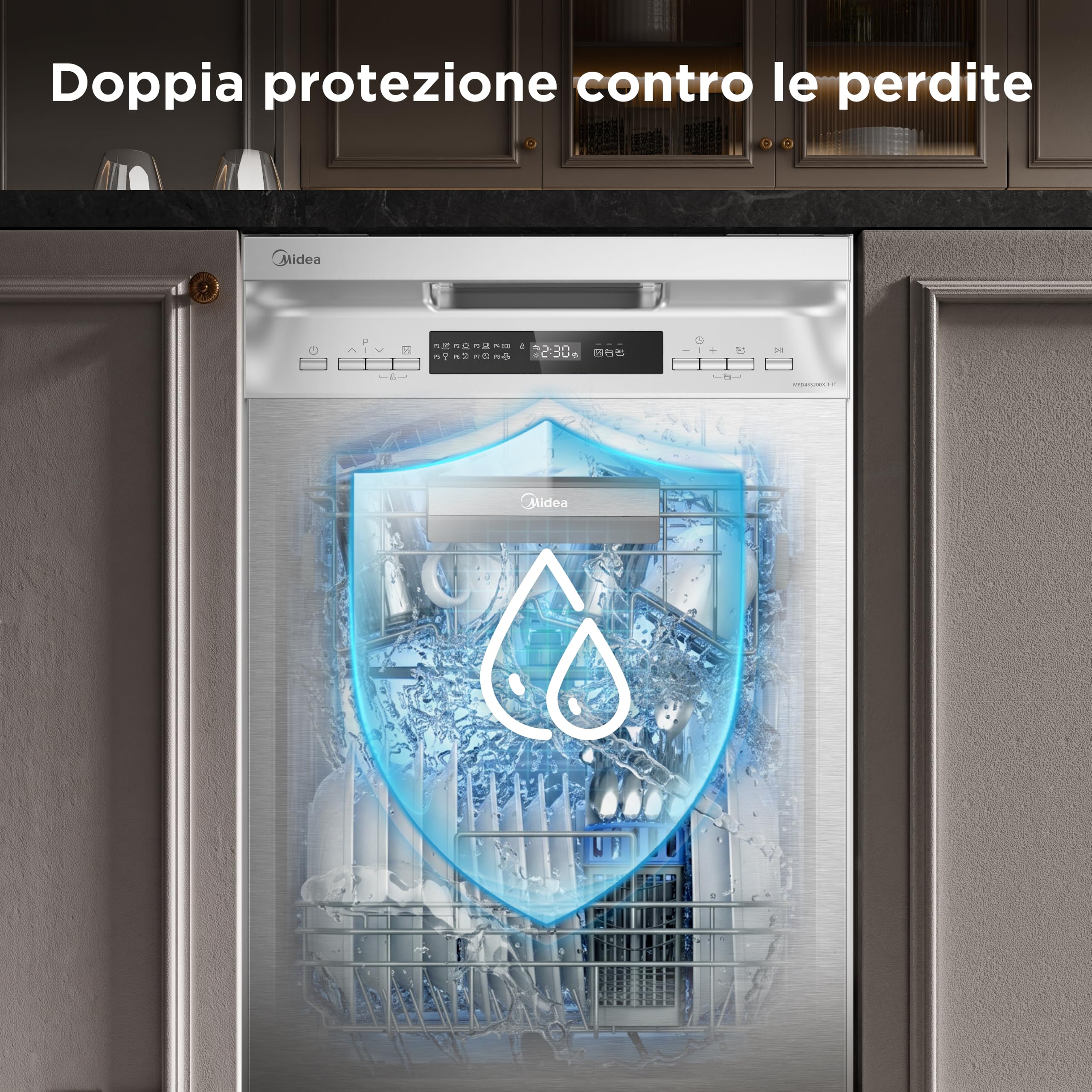 Midea MFD45S200X.1-IT Geschirrspüler, freistehend, mit 10 Decken, 8 Programme, LED-Display, Startvorwahl, Halblastfunktion, extra Trocknung, Edelstahl
