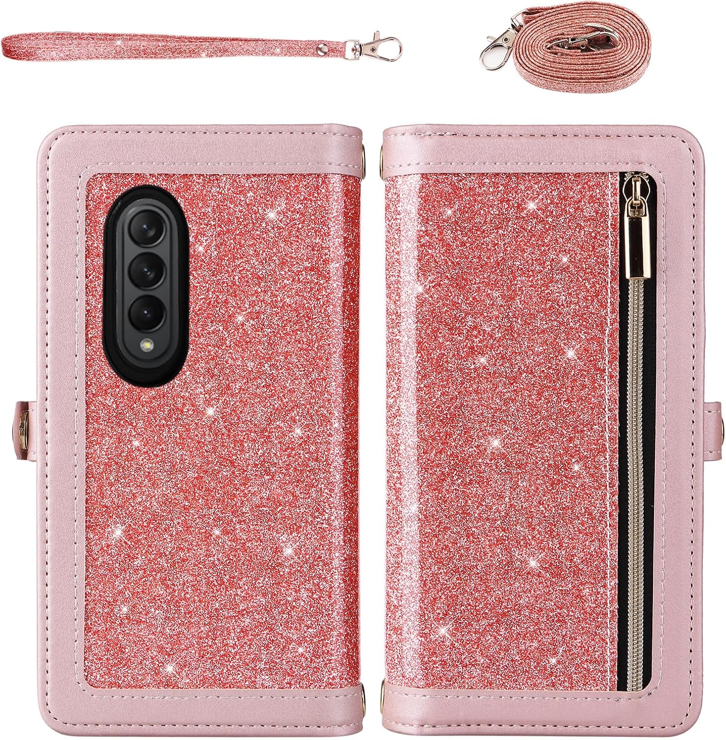 Asuwish Phone Case for Samsung Galaxy Z Fold 3 5G 2021 Zipper Wallet Detachable Cell Cover with Crossbody Strap Bling Glitter Flip Card Holder Slot ZFold3 Z3 Fold3 3Z ZFold35G Women Men Girls Pink