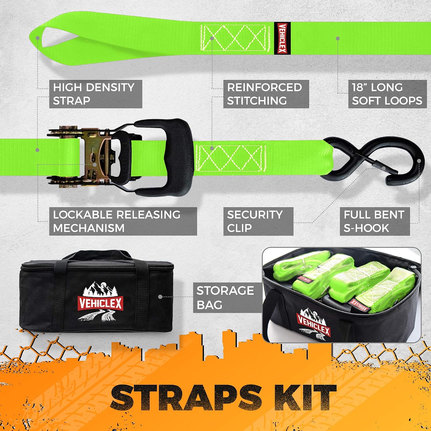 Vehiclex Ratchet Strap Motorcycle & Powersports Tie-Downs – 1.5" x 8 ft Kit – (4PK Green) Heavy Duty Straps & Soft Loops for Moving & Securing ATV, UTV – Vinyl Coated Deep S-Hook & Lockable Handle