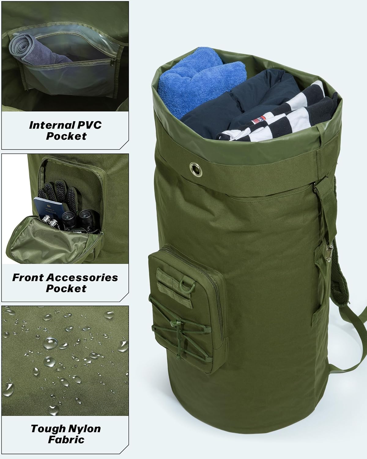 Military Duffle Bag, 90L-110L Large Army Duffle Bag with Removable Pocket, Heavy Duty Sea Bag Backpack for Camp, Outdoor or Laundry Bag (Patent Design)