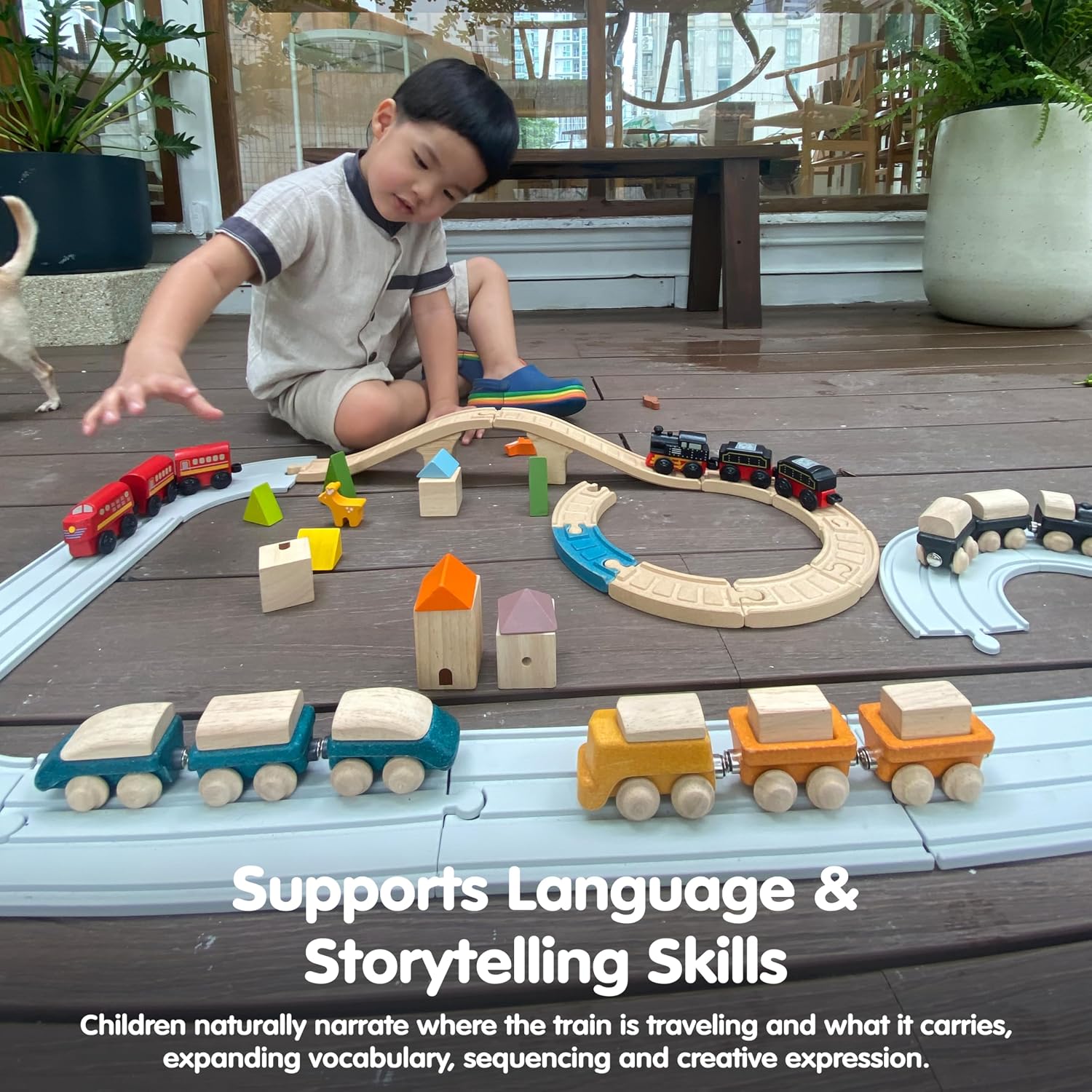 PlanToys® Hybrid Train Wooden Montessori Vehicle Toy | Early Movement, Imagination and Practical Life Exploration | Eco Friendly Train Set for Meaningful Play