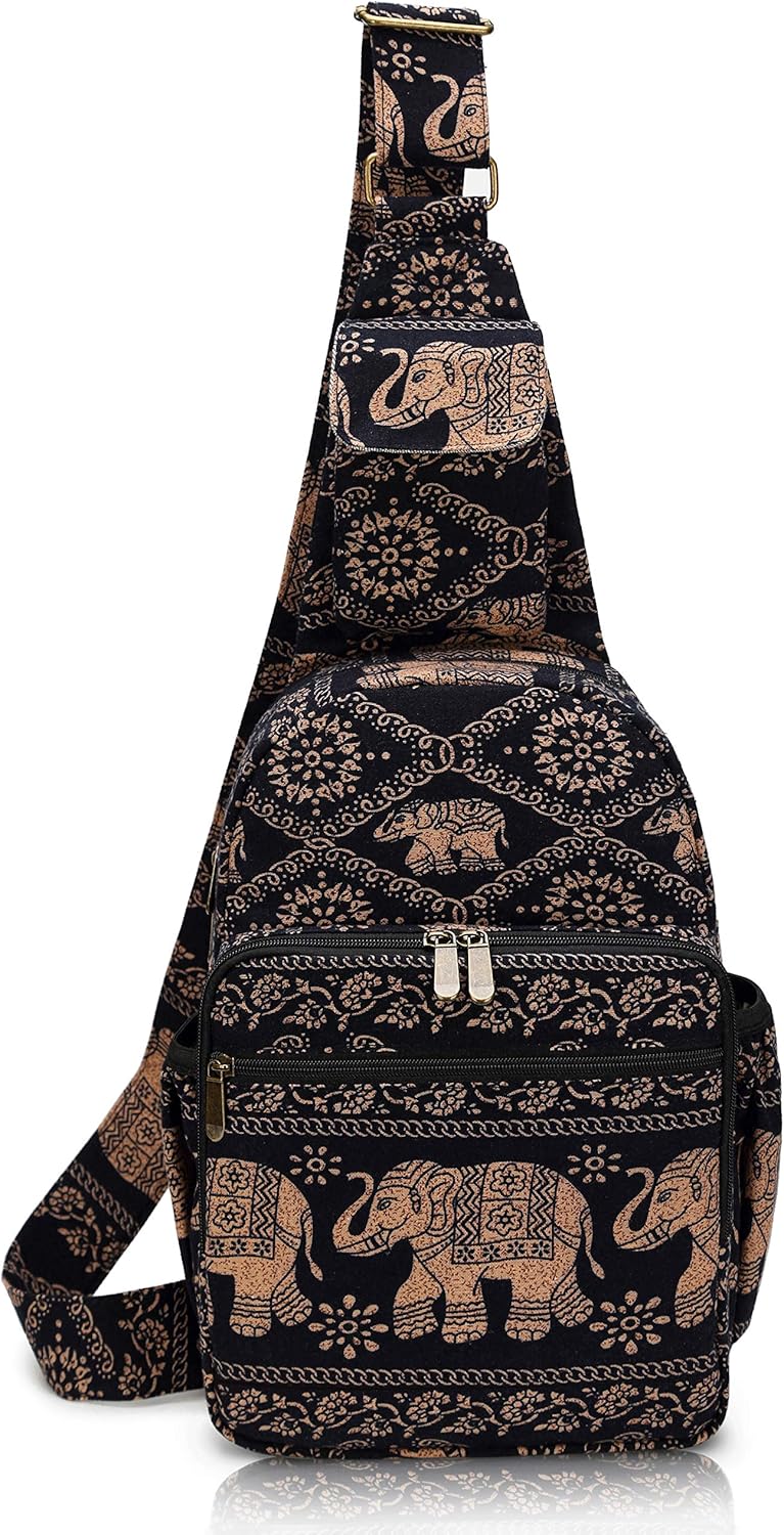 Coton Pose Women sling bag Elephant canvas large boho backpacks bohemian Crossbody bag (Black)