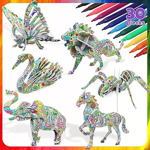 Toy Life Juego de rompecabezas para colorear 3D, rompecabezas de 6 animales con 24 marcadores de bolígrafo, arte de manualidades, pintura para