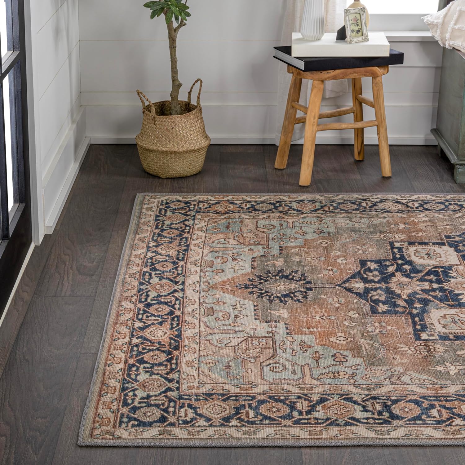 JONATHAN Y Machine Washable Beige/Blue Indoor Area Rug 3X5 ft, Maris Ornate Medallion for Living Room, Bedroom, Kitchen, Office, Easy-Cleaning, High Traffic, Pet-Friendly, Non-Shedding (WSH109D-3)