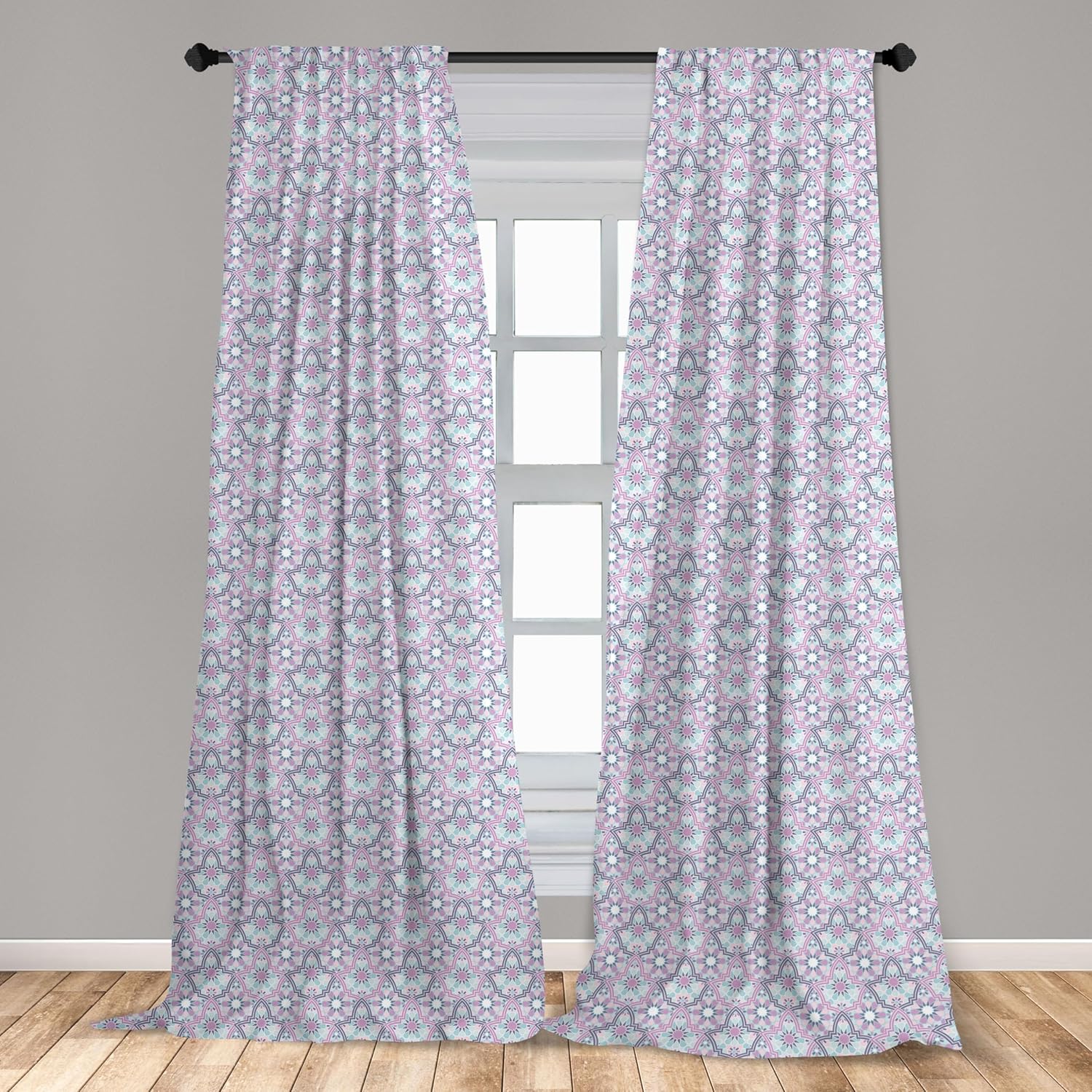 Ambesonne Moroccan Curtains, Abstract Eastern Motif in Pastel Blue and Purple Tones Floral Repetition, Window Treatments 2 Panel Set for Living Room Bedroom, Pair of - 28" x 95", Pink Grey