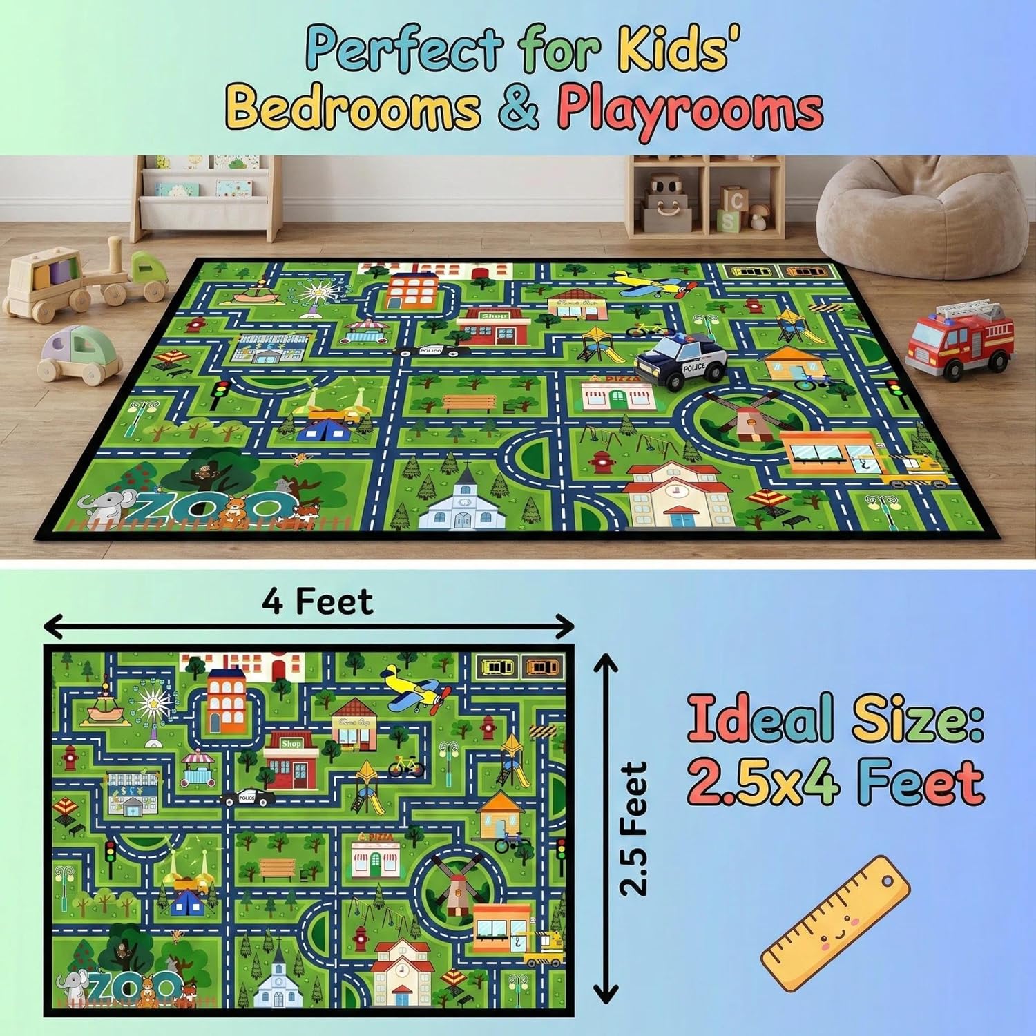 2.5x4 Feet Kids Car Rug Play Mat +2.5x4 Feet ABC Rug for Kids Room