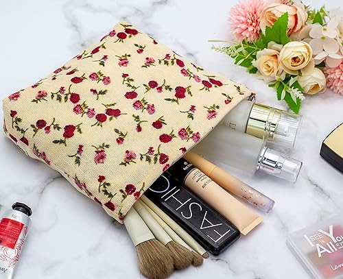 Miniatura 5 de PAZIMIIK Bolsa de maquillaje de pana con cremallera grande, Vintage Rosa Beige