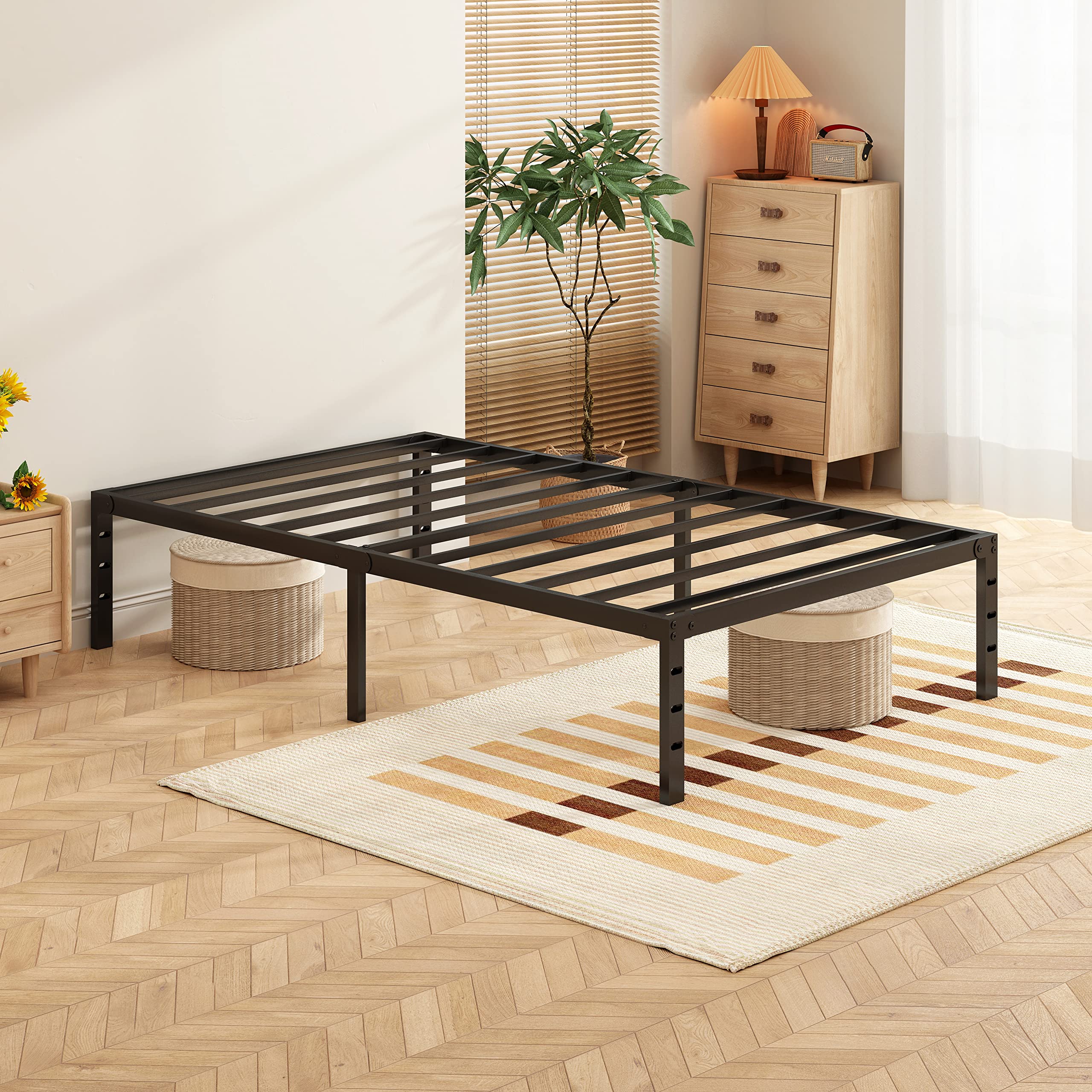 KUJIELAN Black Thickened and Reinforced Metal Bed Frame Structurally Stable 18 Inch Steel Bar