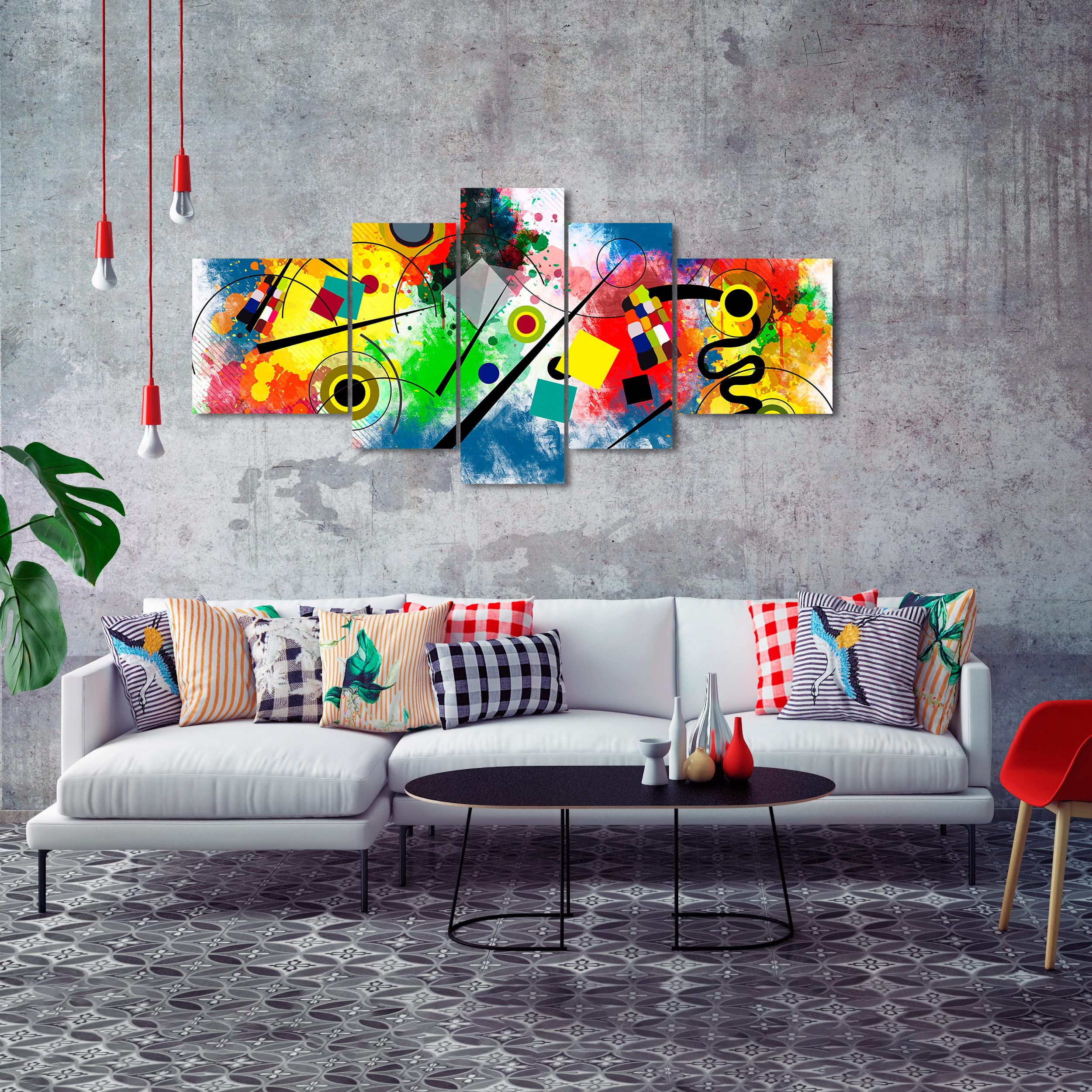 DekoArte - Cuadros Modernos Impresión Imagen Artística | 5 Piezas 180x85cm | Lienzo Decorativo Para Tu Salón o Dormitorio | Estilo Abstractos Moderno Arte Kandinsky Rojo Azul XXL