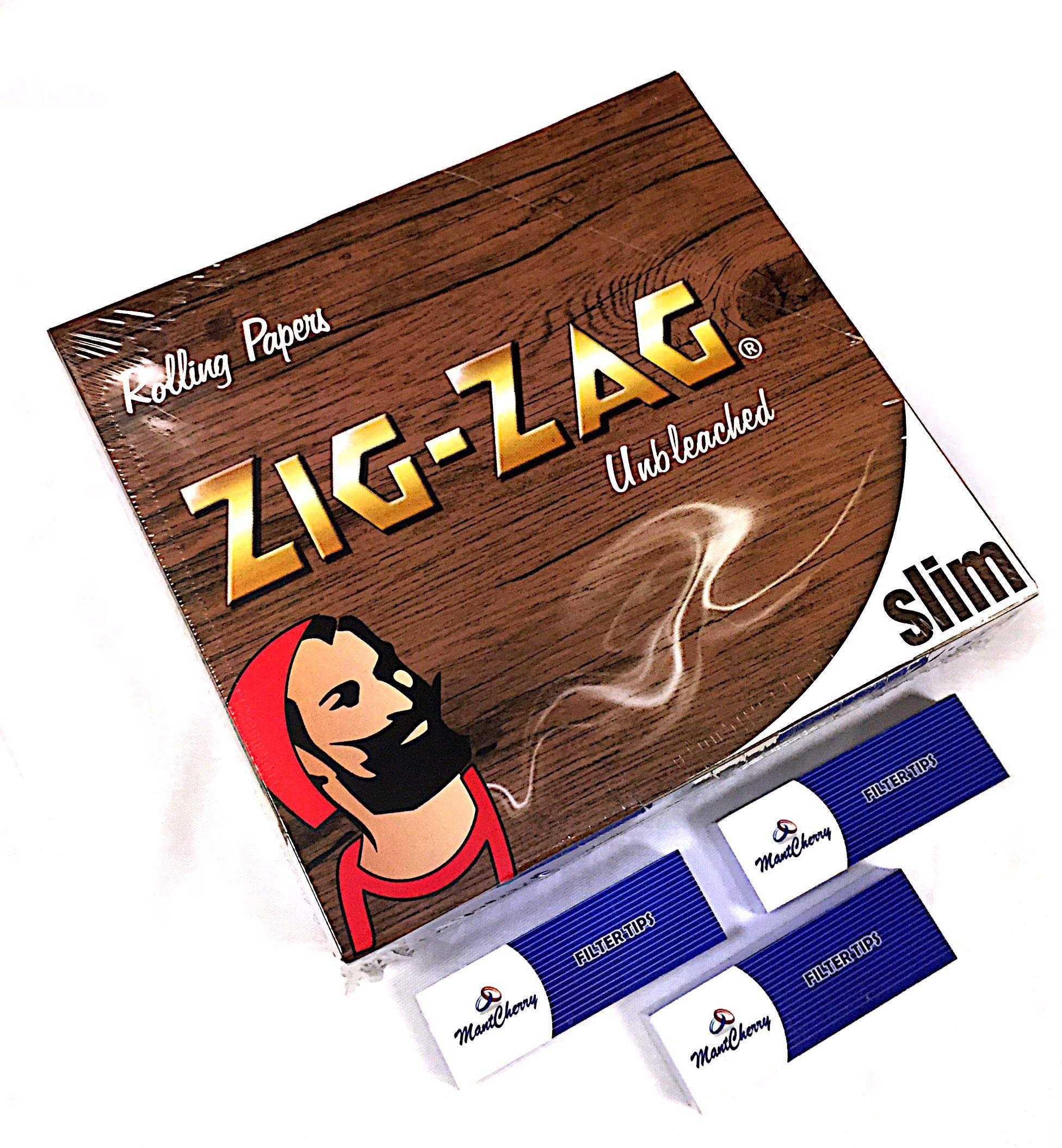 MontCherry Brand Exclusive 2 Tips and Zig-Zag ''Unbleached'' King Size Slim Rolling Paper - Box of 50 Booklets Combo by Trendz