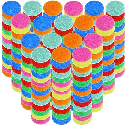 Plastic Dish Scrubbers Round Pot Scrubber for Dishes Kitchen Scouring Pad Nylon Assorted Color Reusable Dish Washing Scrubbers Poly Mesh Non Scratch Scour Pads for Household Cleaning (200 Pieces)