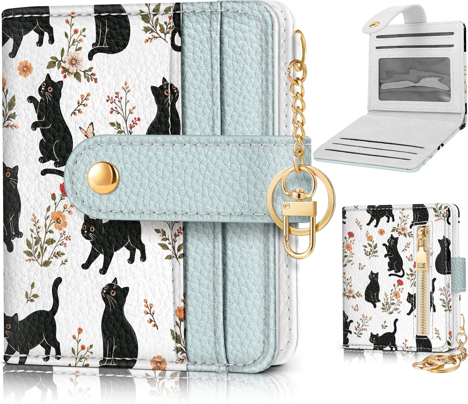 Bistup Small Card Wallet for Women with Keychain, Cat Pattern